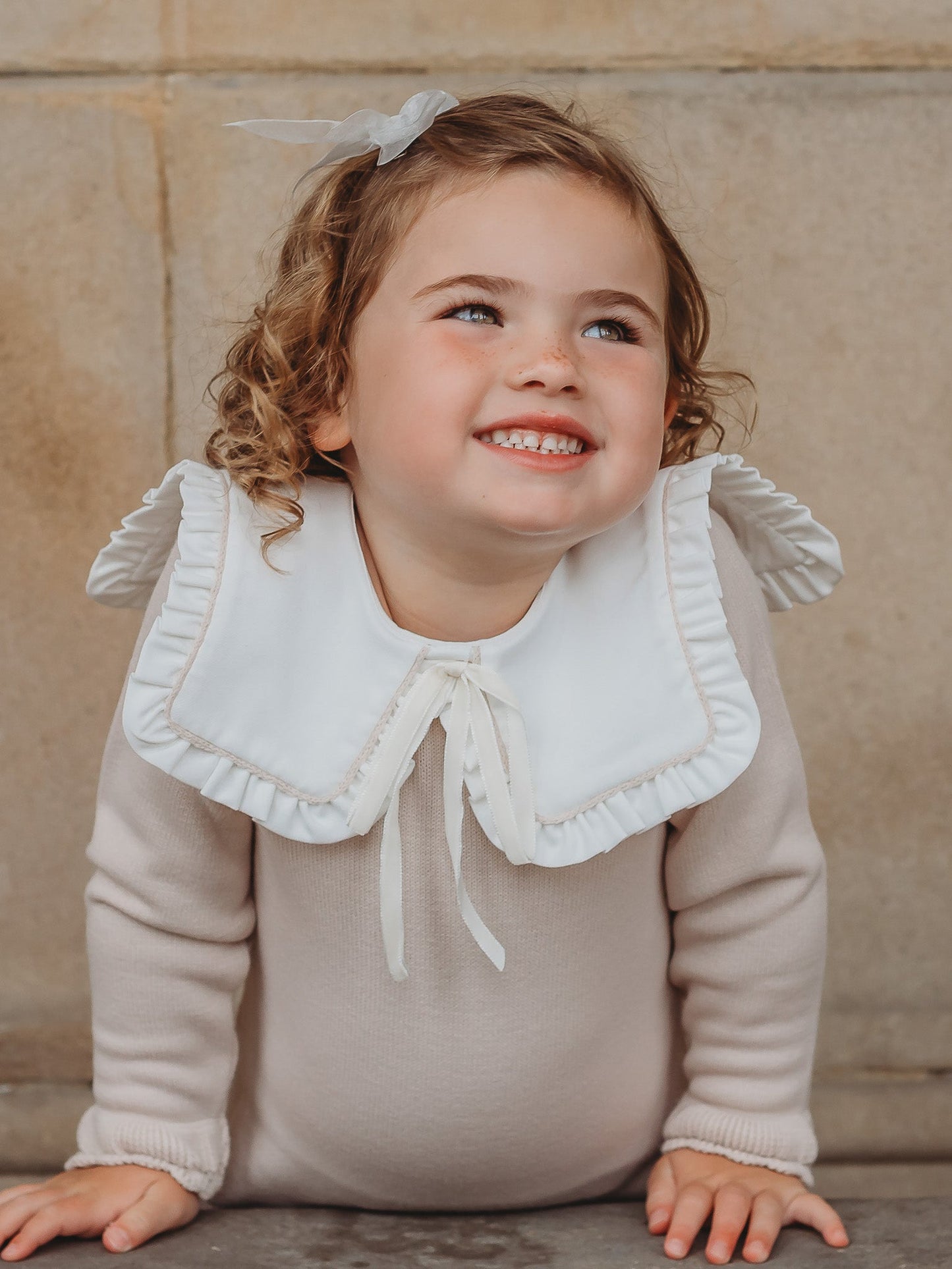 'Mabel' beige knitted suit with bib collar - Rose & Albert