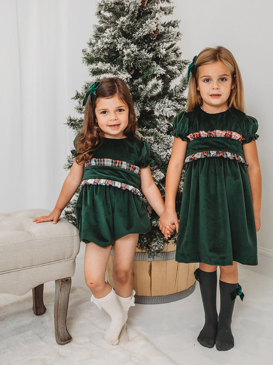 'Holly' green velvet & tartan dress - Rose & Albert