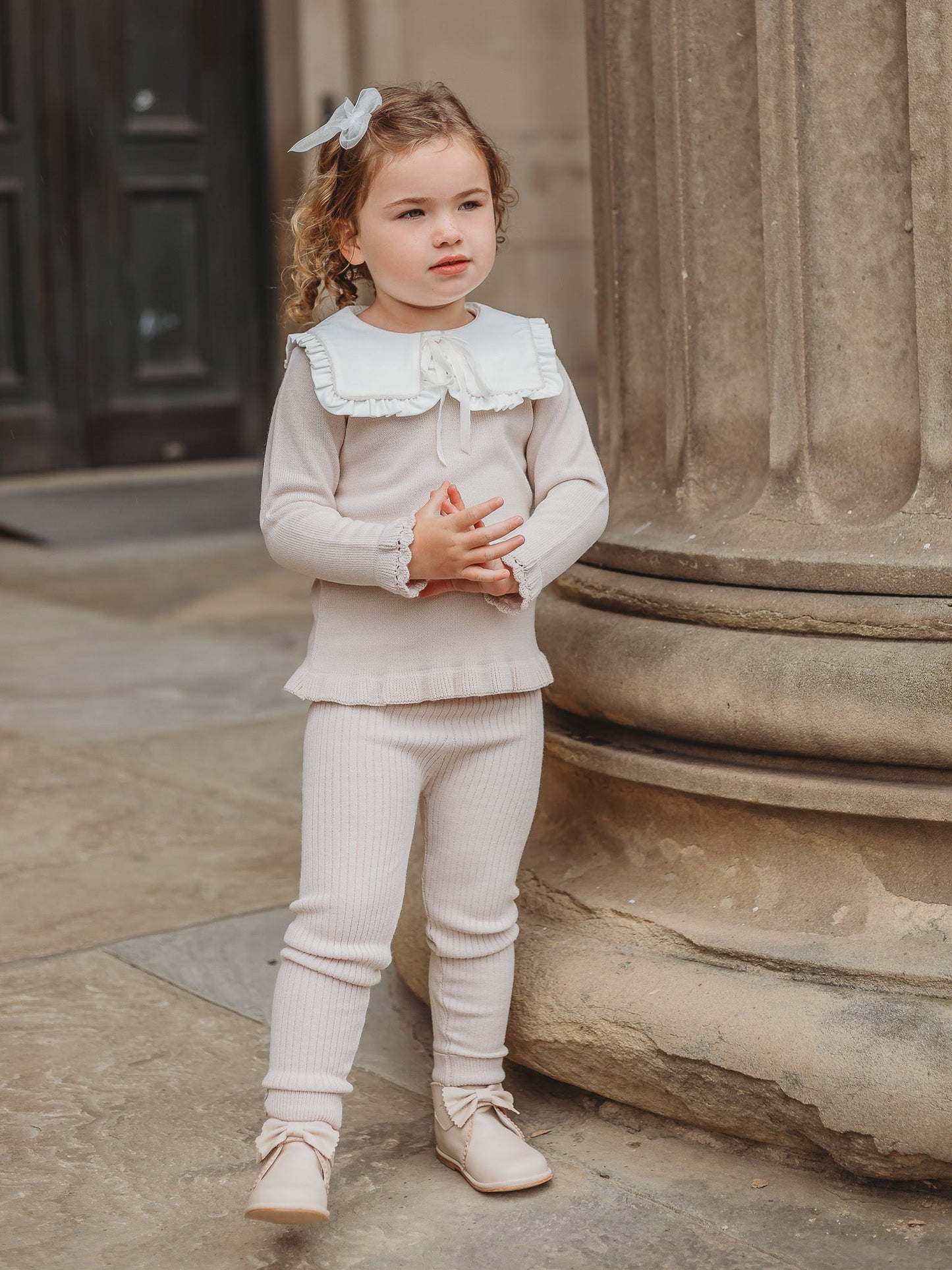'Mabel' beige knitted suit with bib collar - Rose & Albert