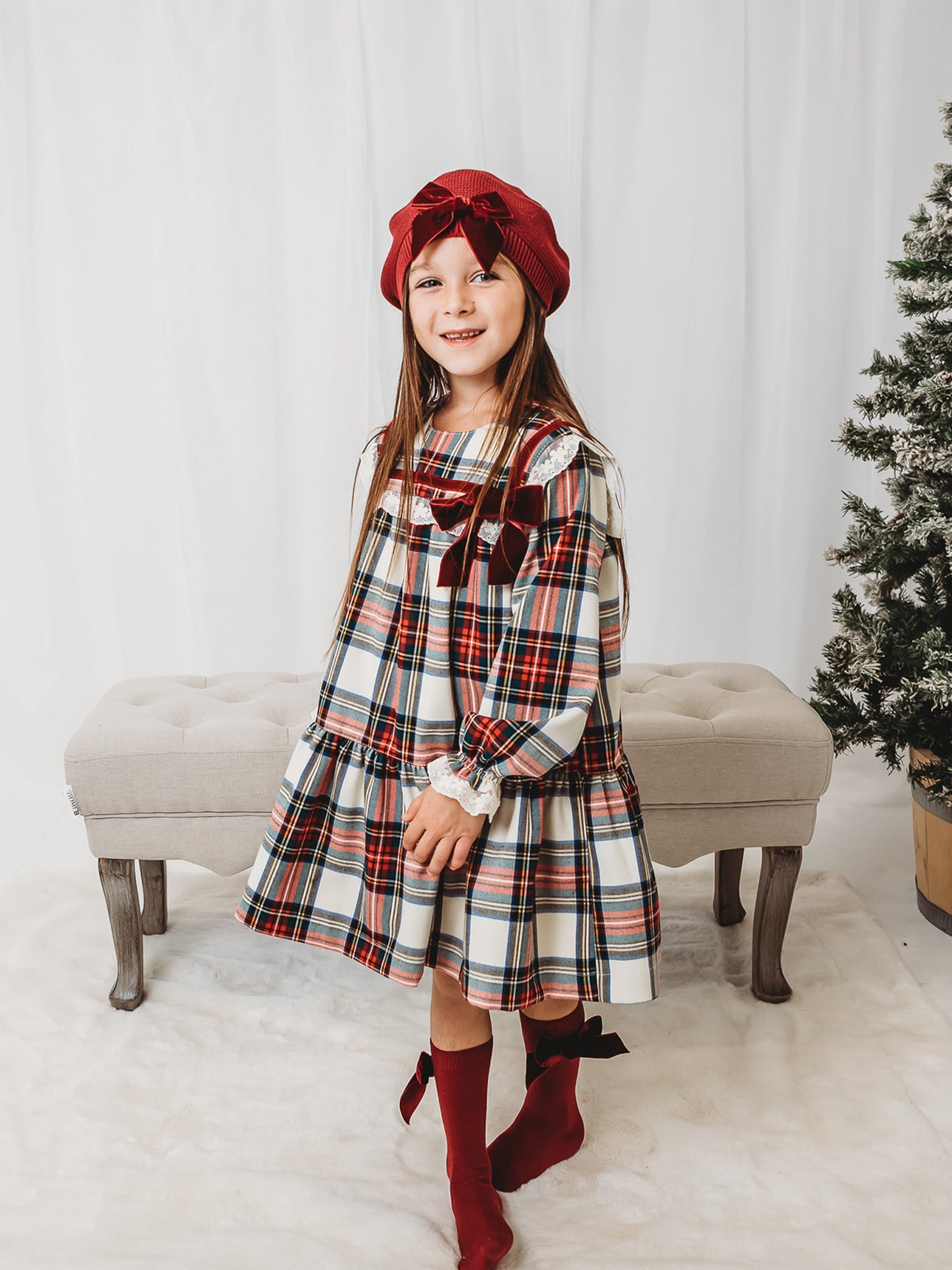 'Noelle' Tartan Dress with Burgundy Bow - Rose & Albert