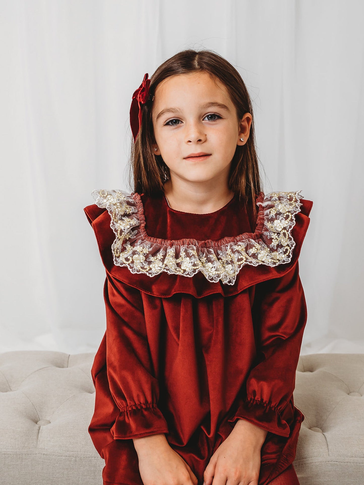 'Ruby' Burgundy Velvet & Gold Lace Collar Dress - Rose & Albert