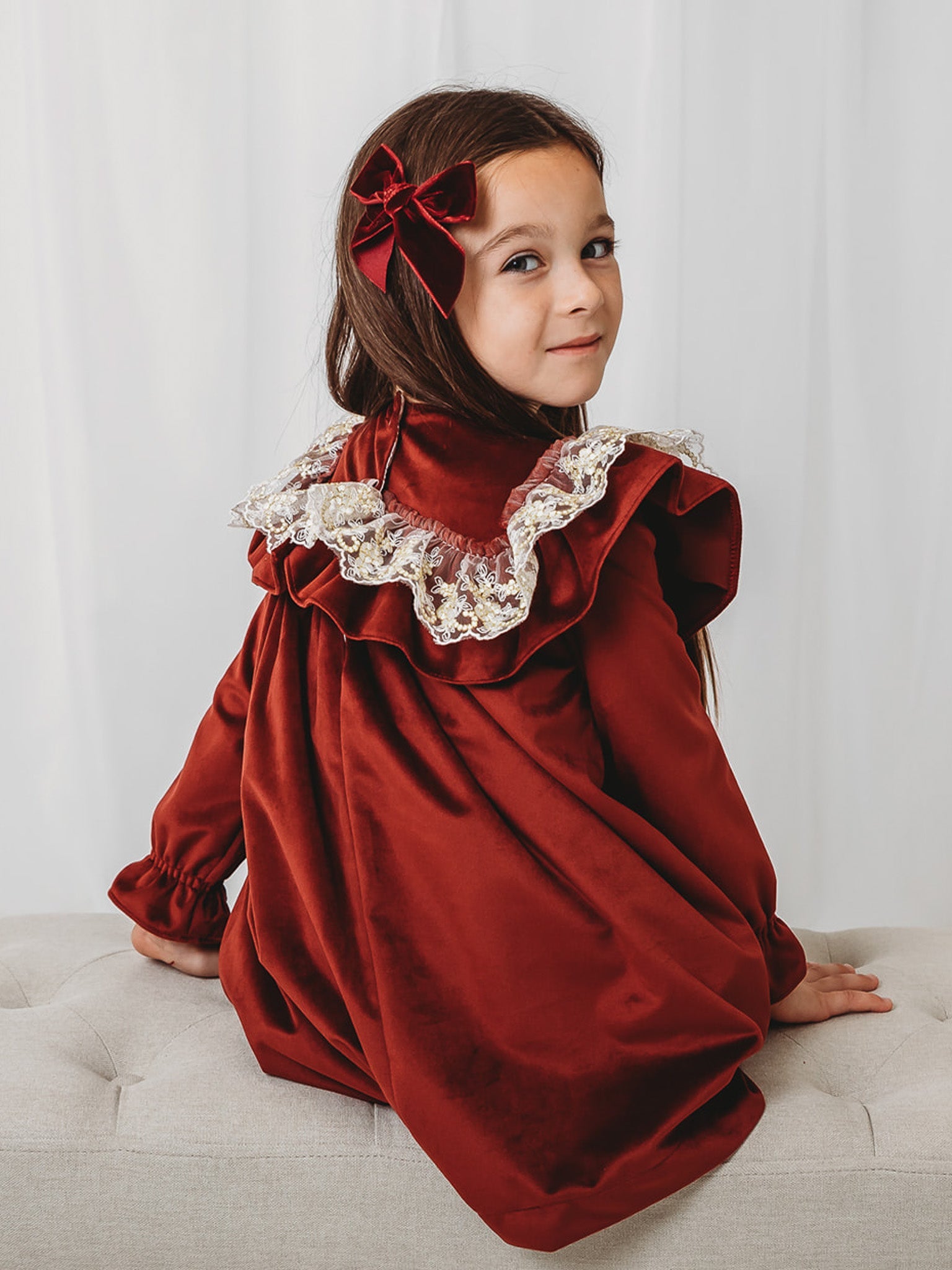 'Ruby' Burgundy Velvet & Gold Lace Collar Dress - Rose & Albert