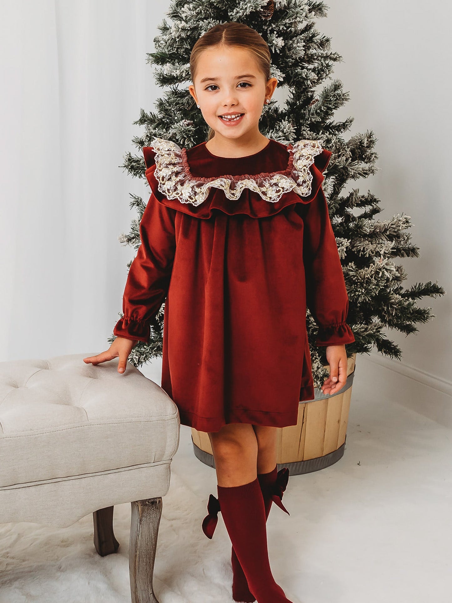 'Ruby' Burgundy Velvet & Gold Lace Collar Dress - Rose & Albert