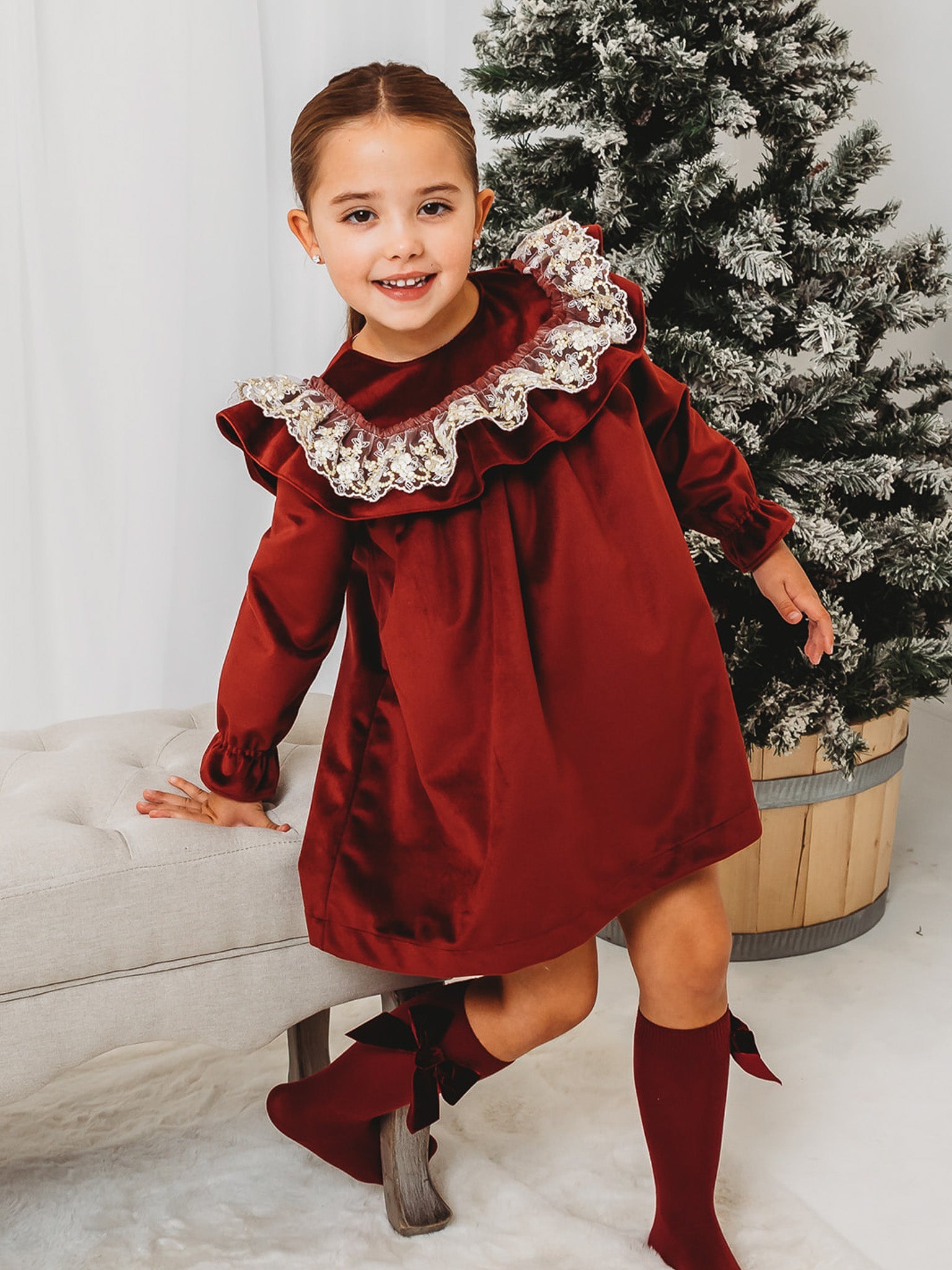 'Ruby' Burgundy Velvet & Gold Lace Collar Dress - Rose & Albert