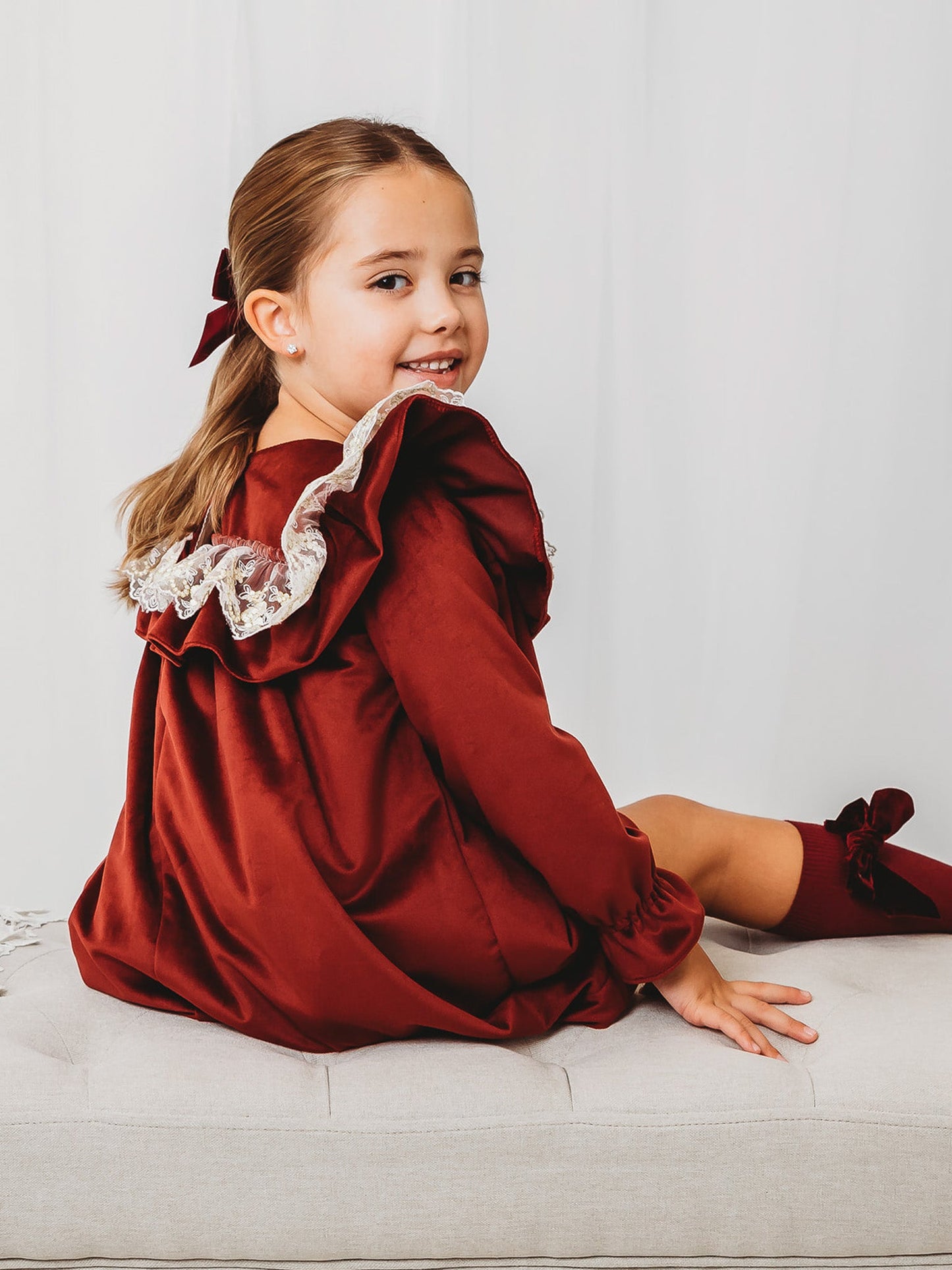'Ruby' Burgundy Velvet & Gold Lace Collar Dress - Rose & Albert
