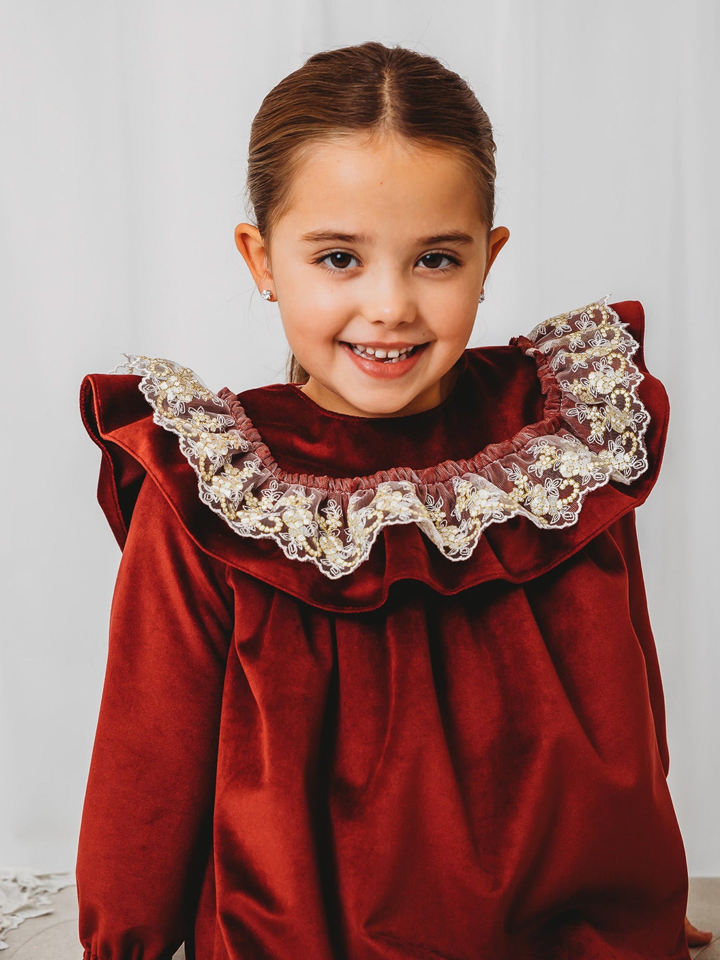 'Ruby' Burgundy Velvet & Gold Lace Collar Dress - Rose & Albert