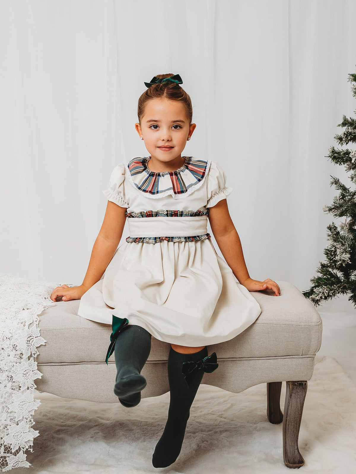 'Ivy' Ivory velvet & tartan dress - Rose & Albert