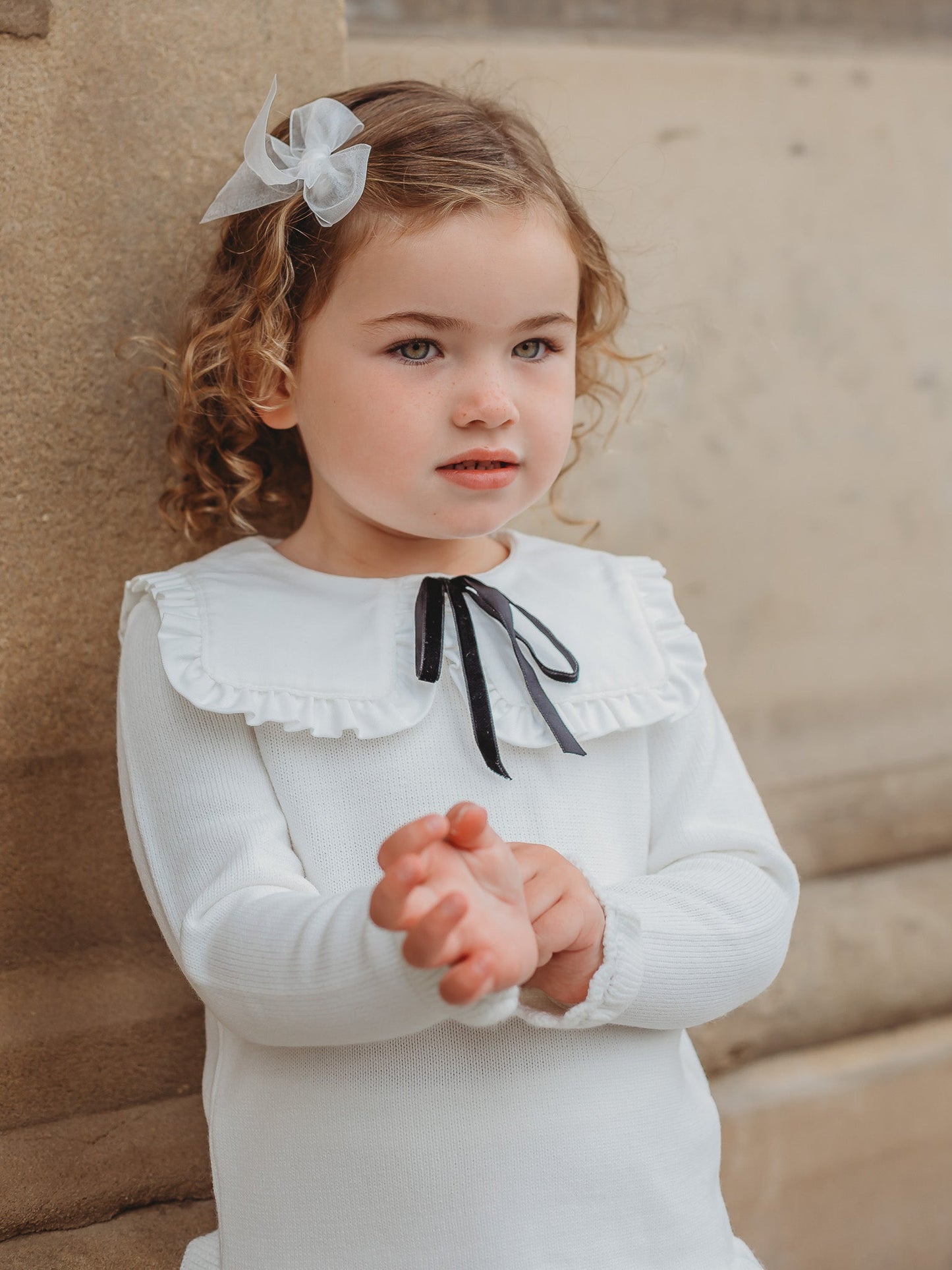 'Olive' ivory knitted suit with bib collar - Rose & Albert