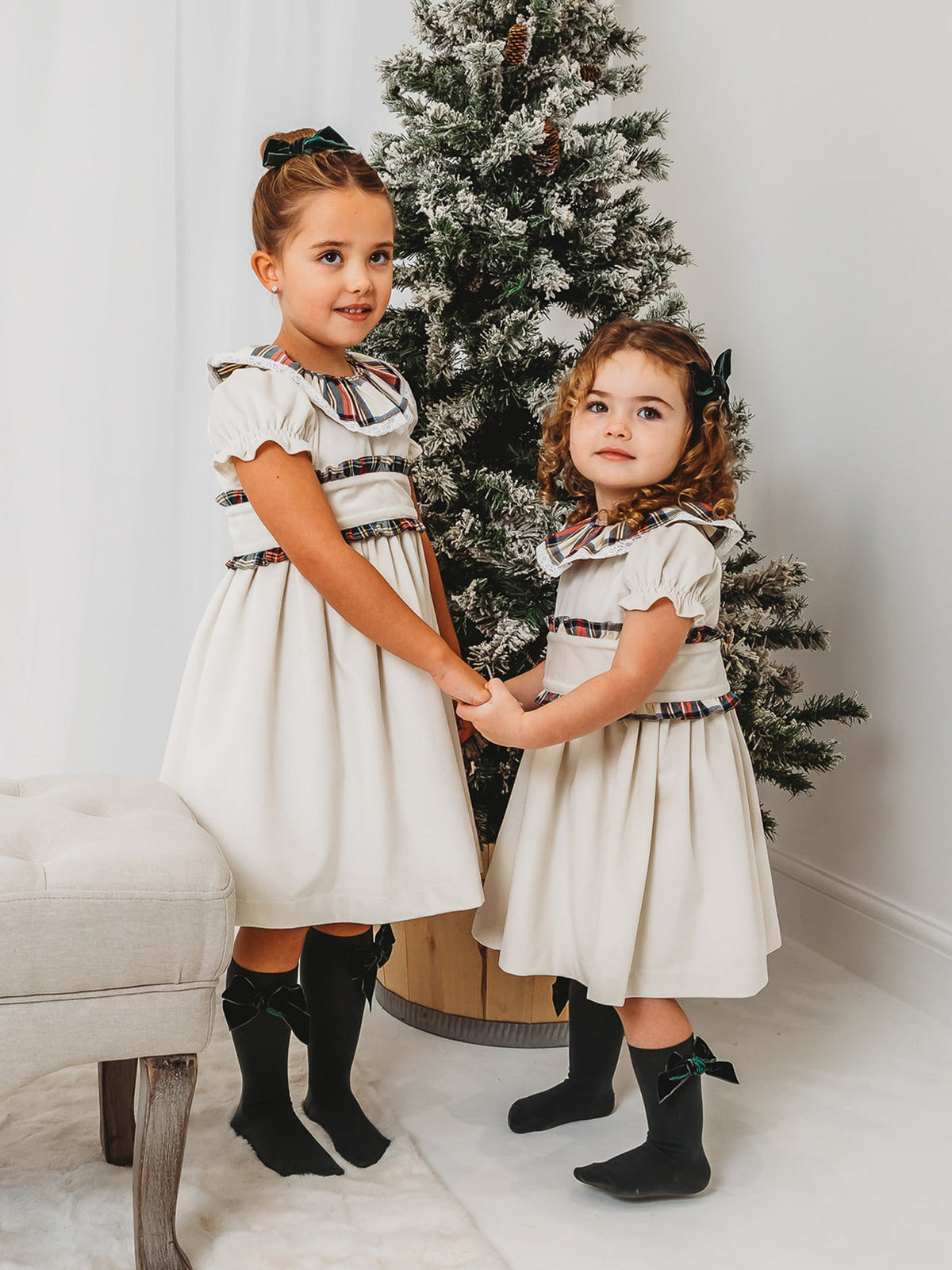 'Ivy' Ivory velvet & tartan dress - Rose & Albert