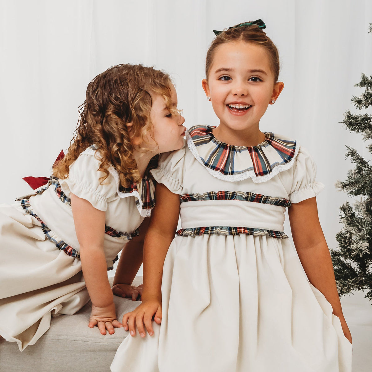 'Ivy' Ivory velvet & tartan dress - Rose & Albert