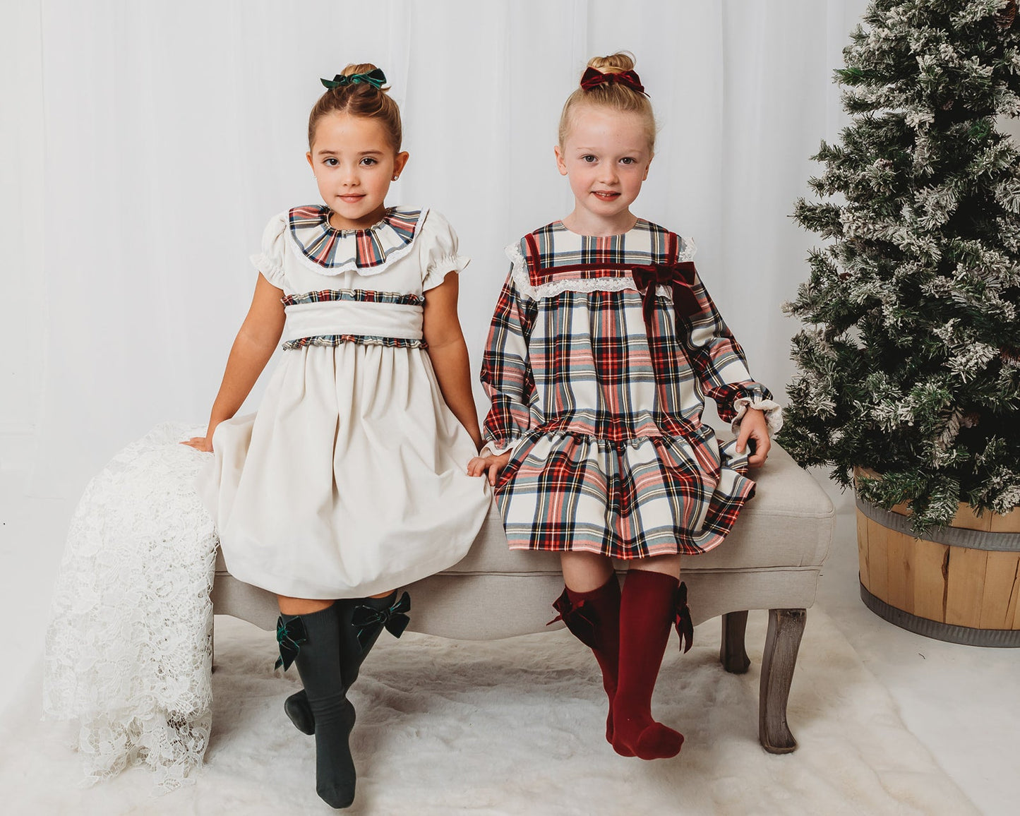 'Noelle' Tartan Dress with Burgundy Bow - Rose & Albert