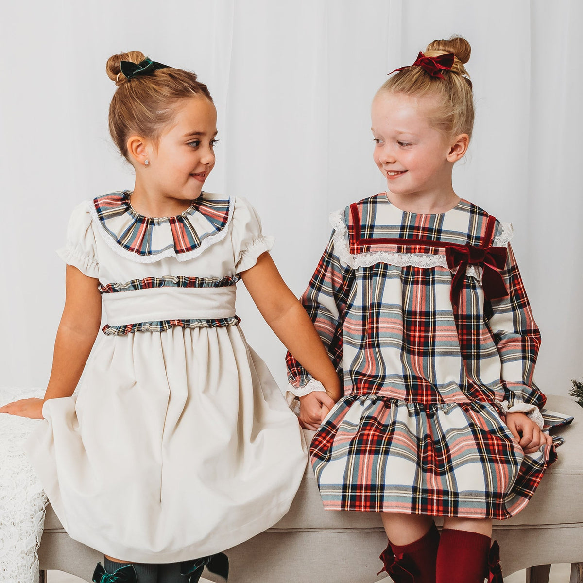 'Ivy' Ivory velvet & tartan dress - Rose & Albert