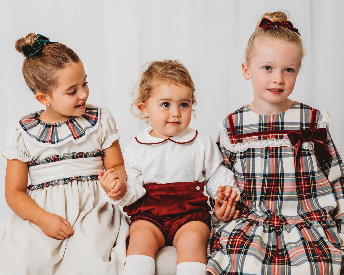 'Ivy' Ivory velvet & tartan dress - Rose & Albert