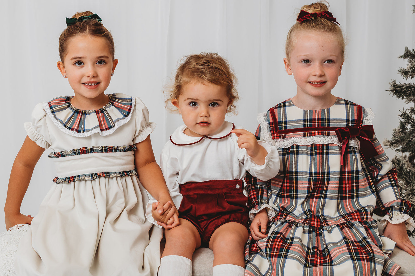'Noelle' Tartan Dress with Burgundy Bow - Rose & Albert