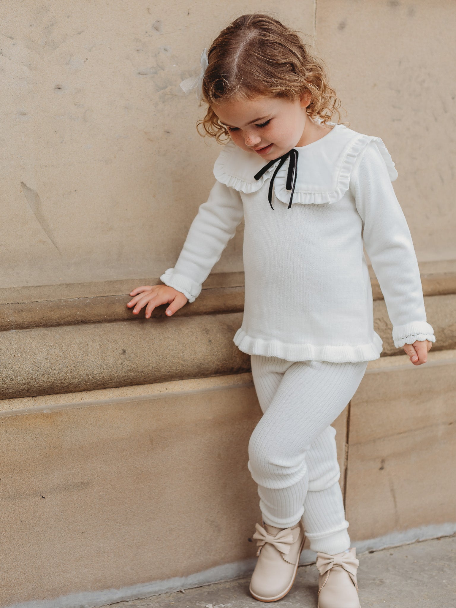 'Olive' ivory knitted suit with bib collar - Rose & Albert