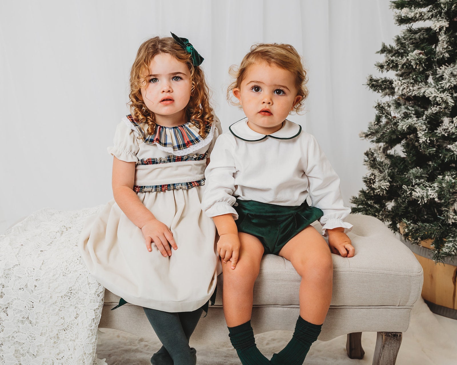 'Ivy' Ivory velvet & tartan dress - Rose & Albert