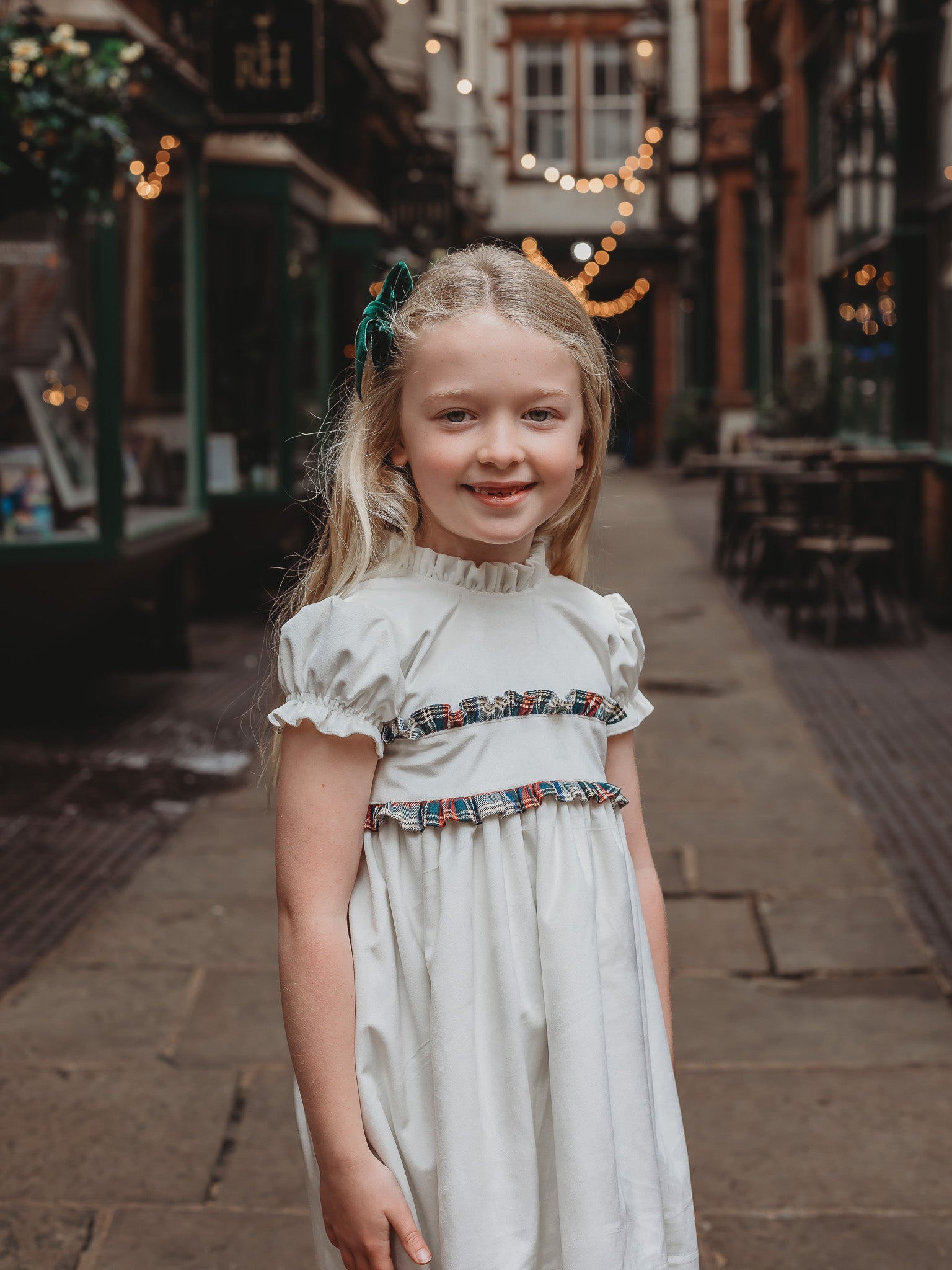 'Angel' ivory velvet & tartan dress - Rose & Albert