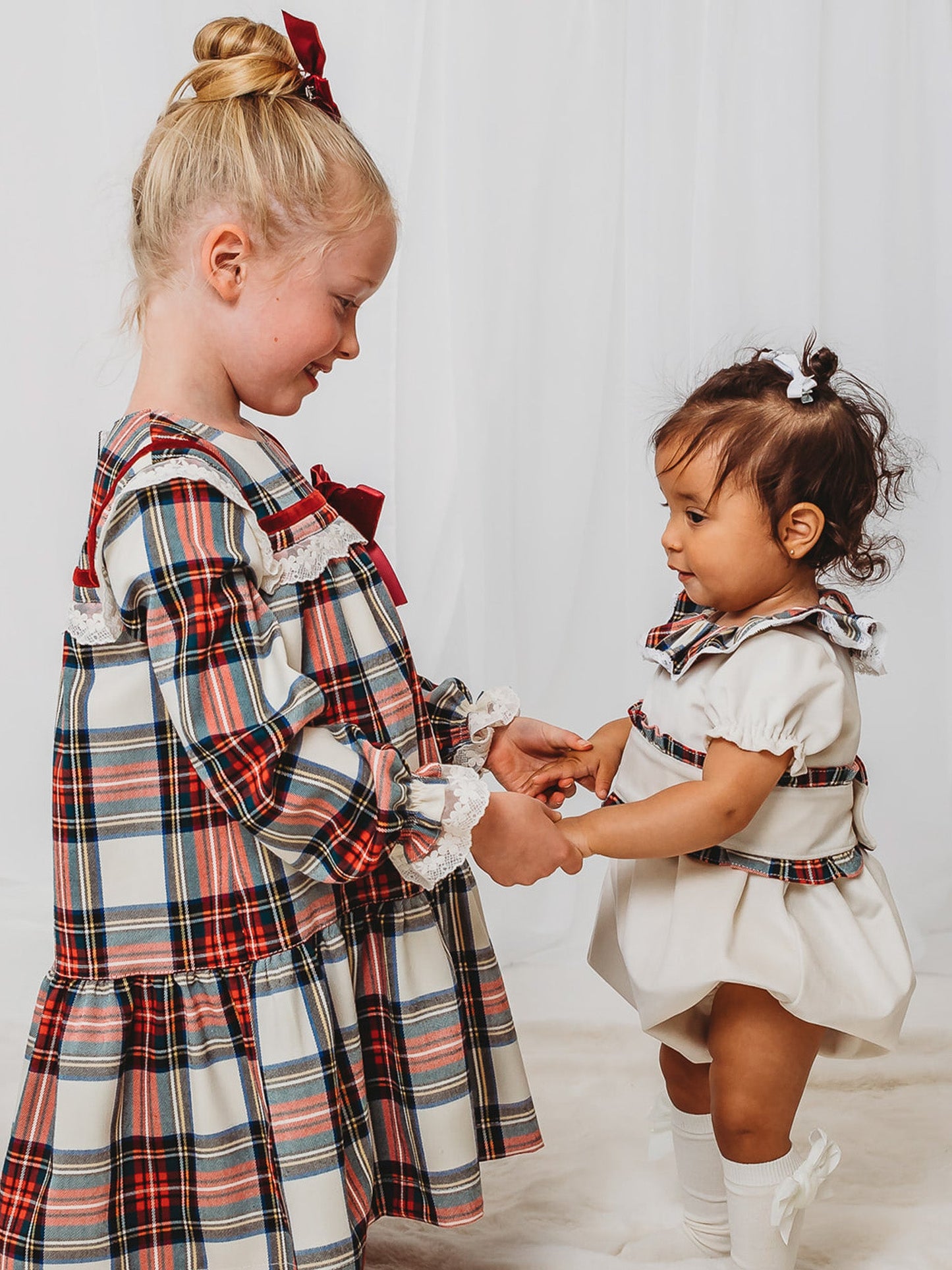 'Noelle' Tartan Dress with Burgundy Bow - Rose & Albert