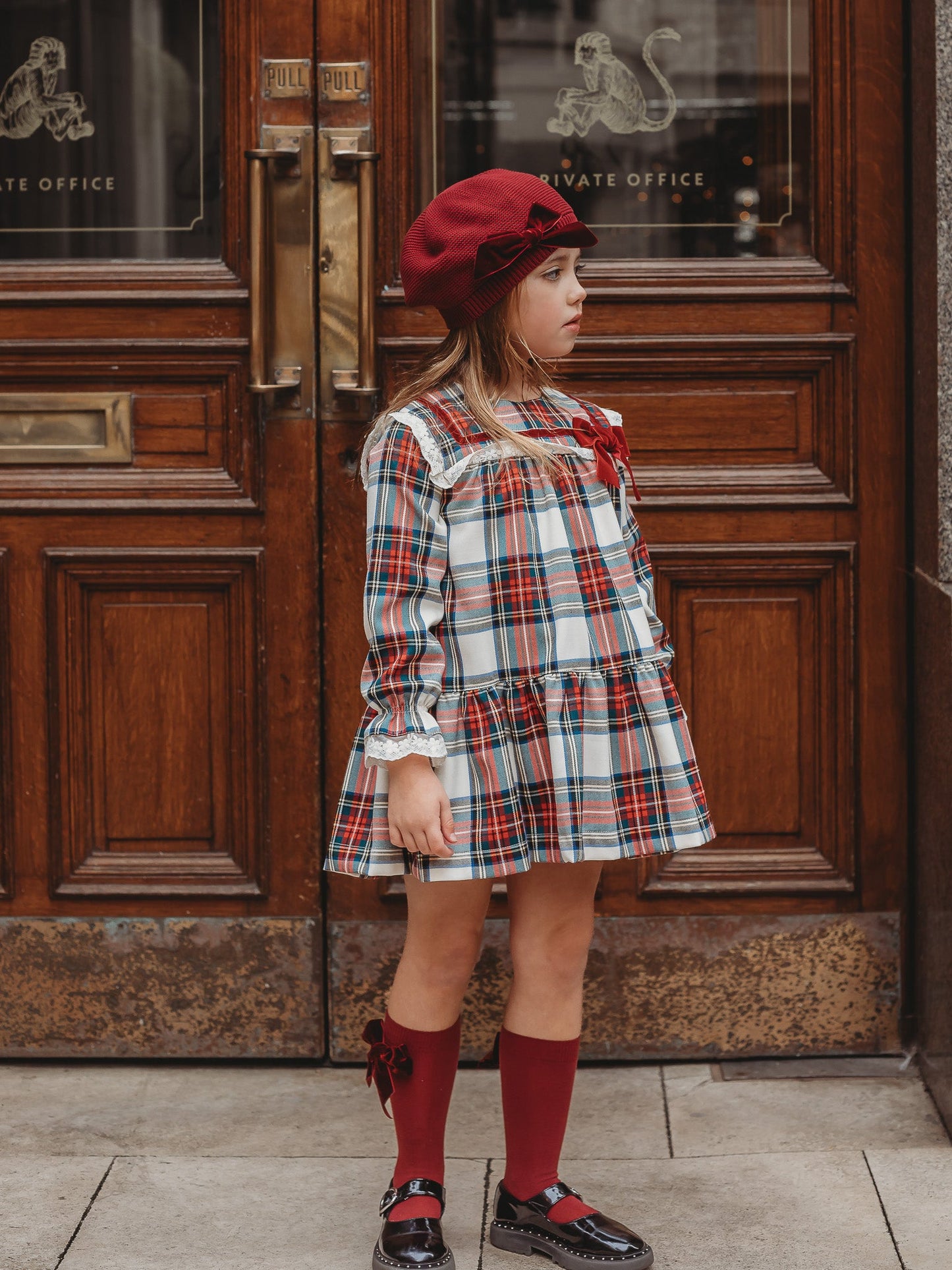 'Noelle' Tartan Dress with Burgundy Bow - Rose & Albert