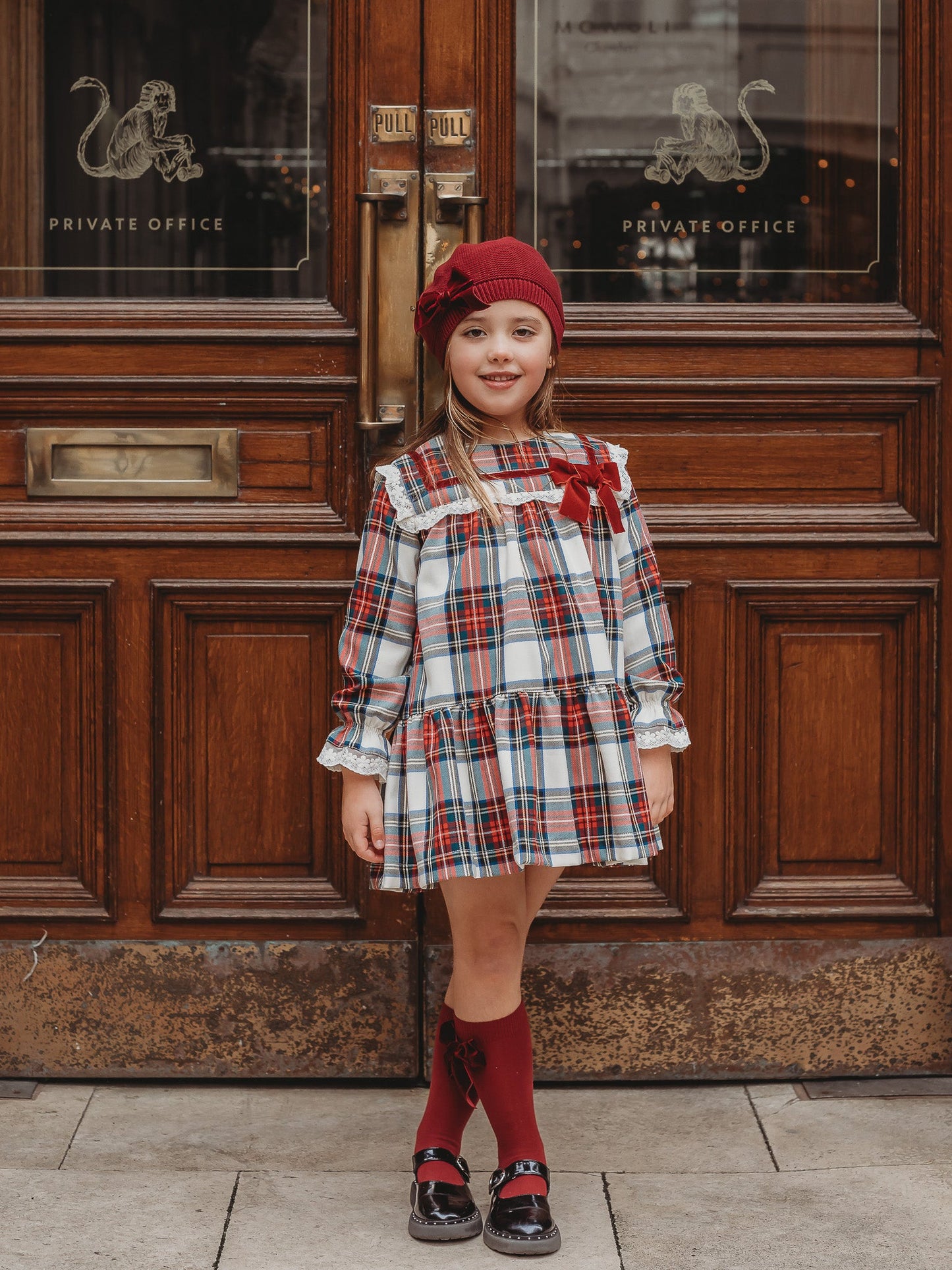 'Noelle' Tartan Dress with Burgundy Bow - Rose & Albert