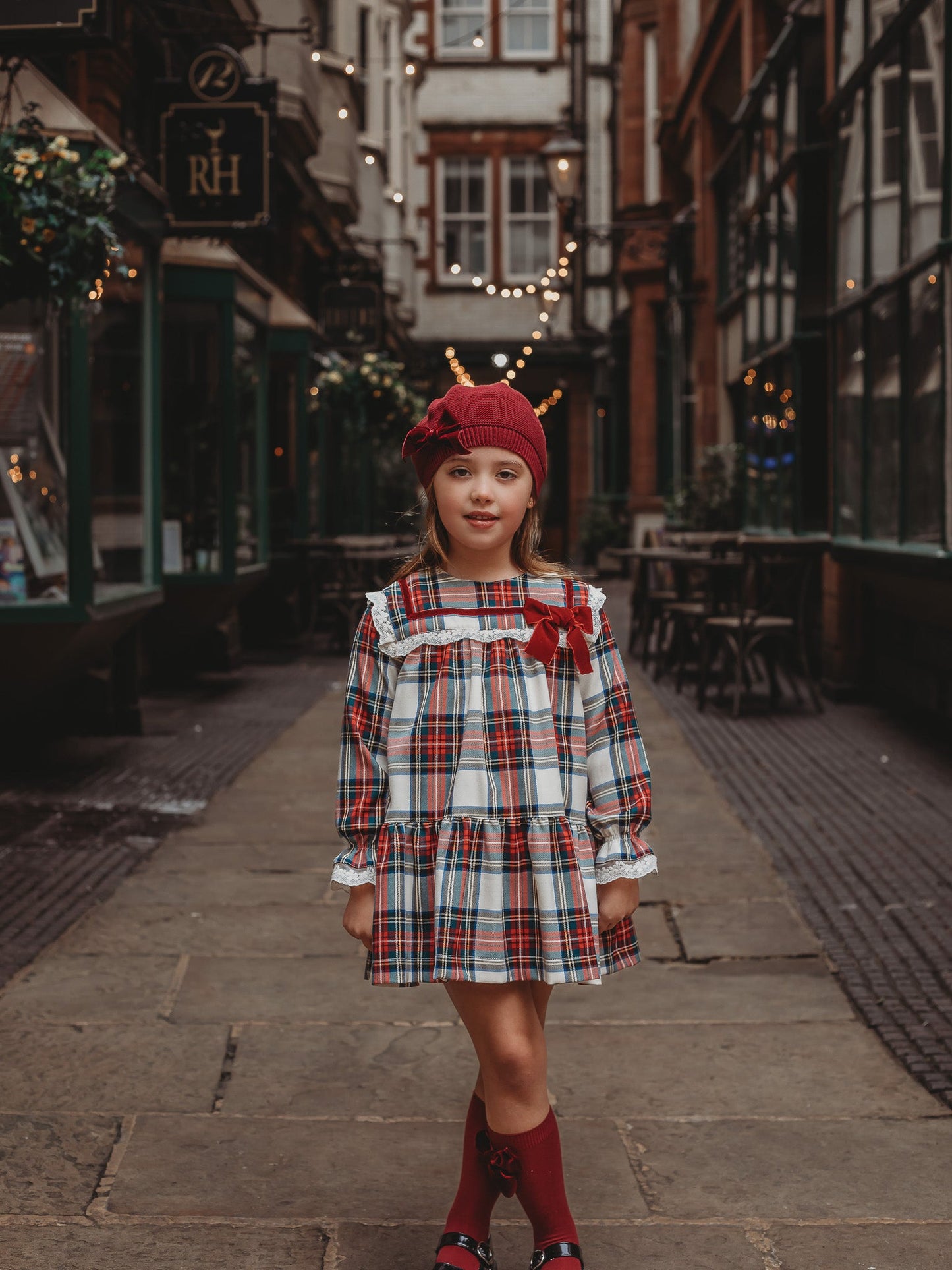 'Noelle' Tartan Dress with Burgundy Bow - Rose & Albert