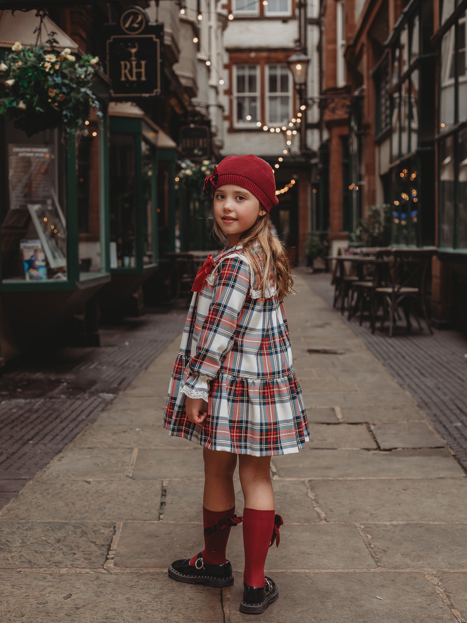 'Noelle' Tartan Dress with Burgundy Bow - Rose & Albert