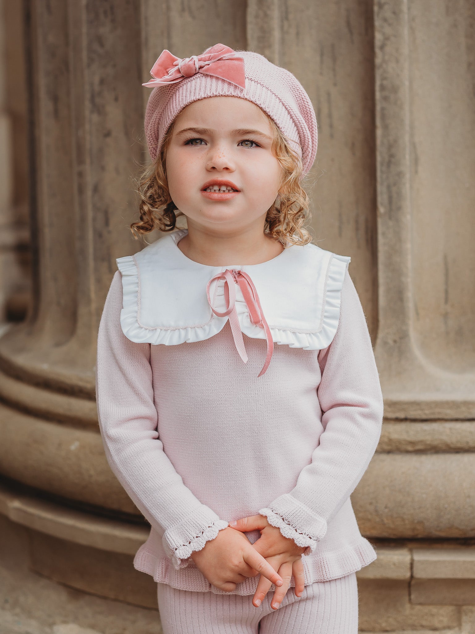 'Etta' pink knitted suit with bib collar - Rose & Albert