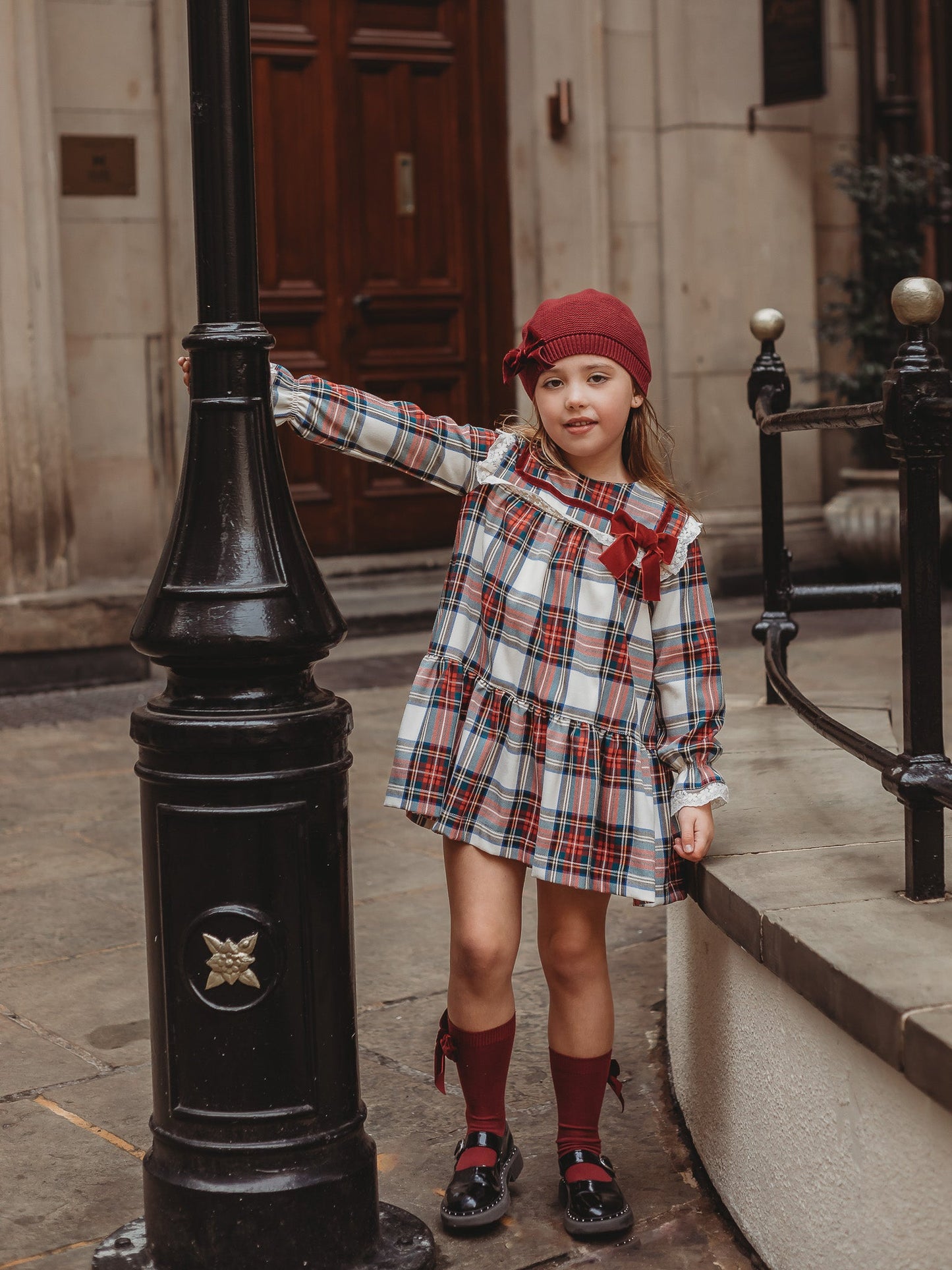 'Noelle' Tartan Dress with Burgundy Bow - Rose & Albert