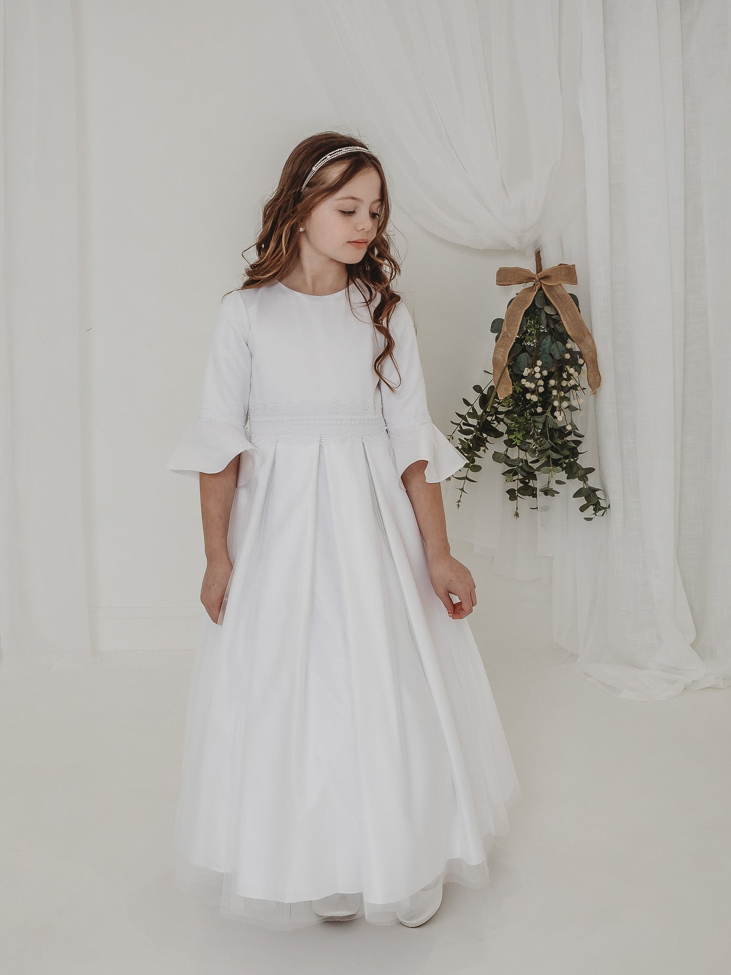'Ines' White Lace Fluted Sleeve Communion Dress - Rose & Albert