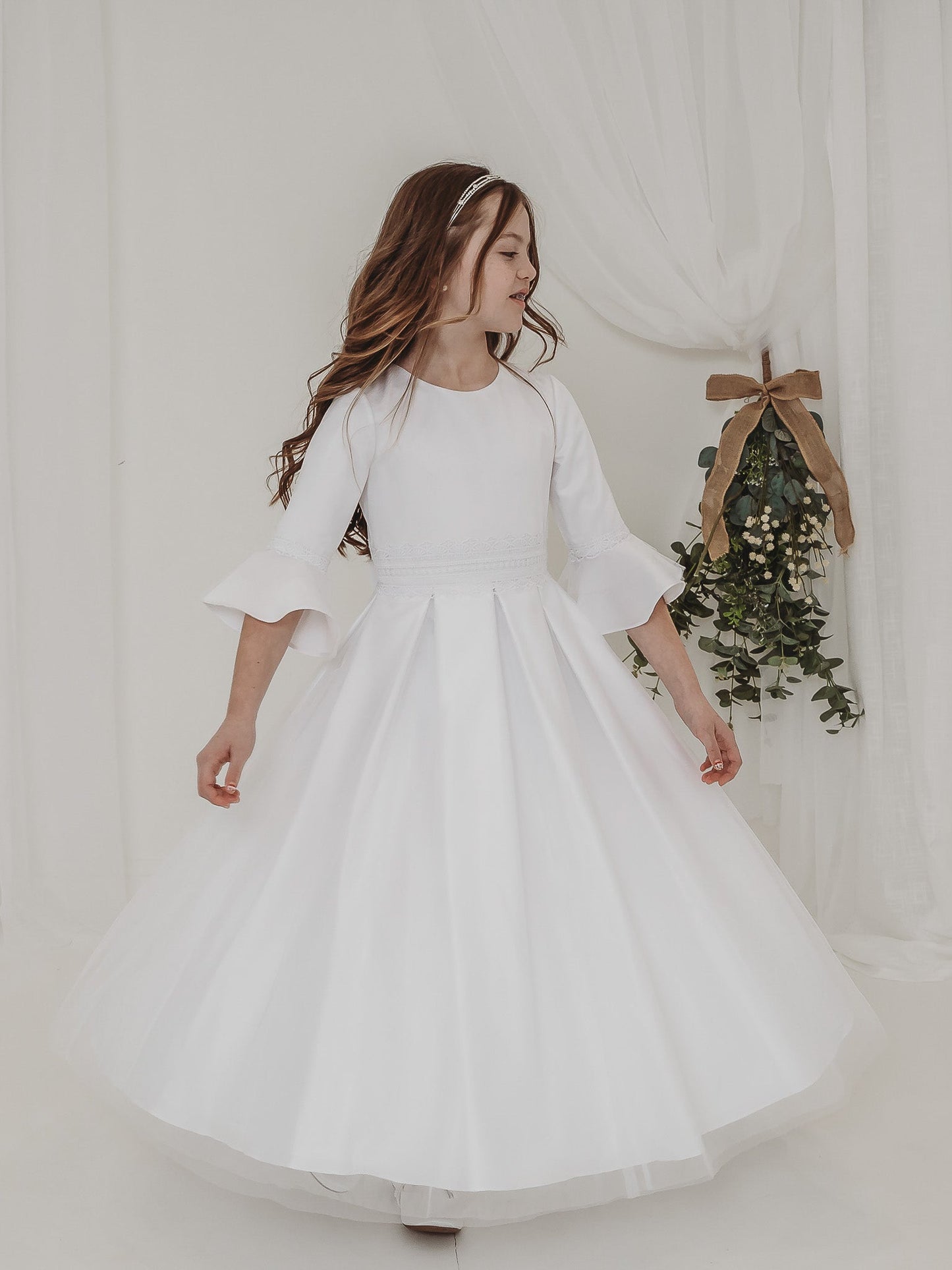 'Ines' White Lace Fluted Sleeve Communion Dress - Rose & Albert