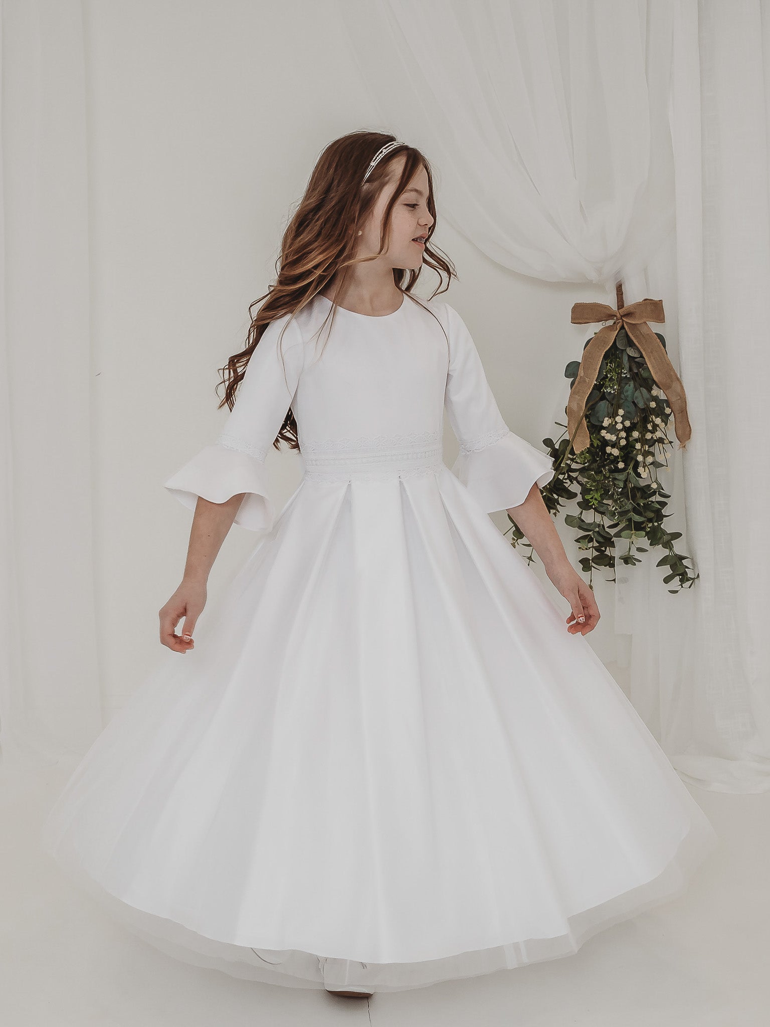 'Ines' White Lace Fluted Sleeve Communion Dress - Rose & Albert
