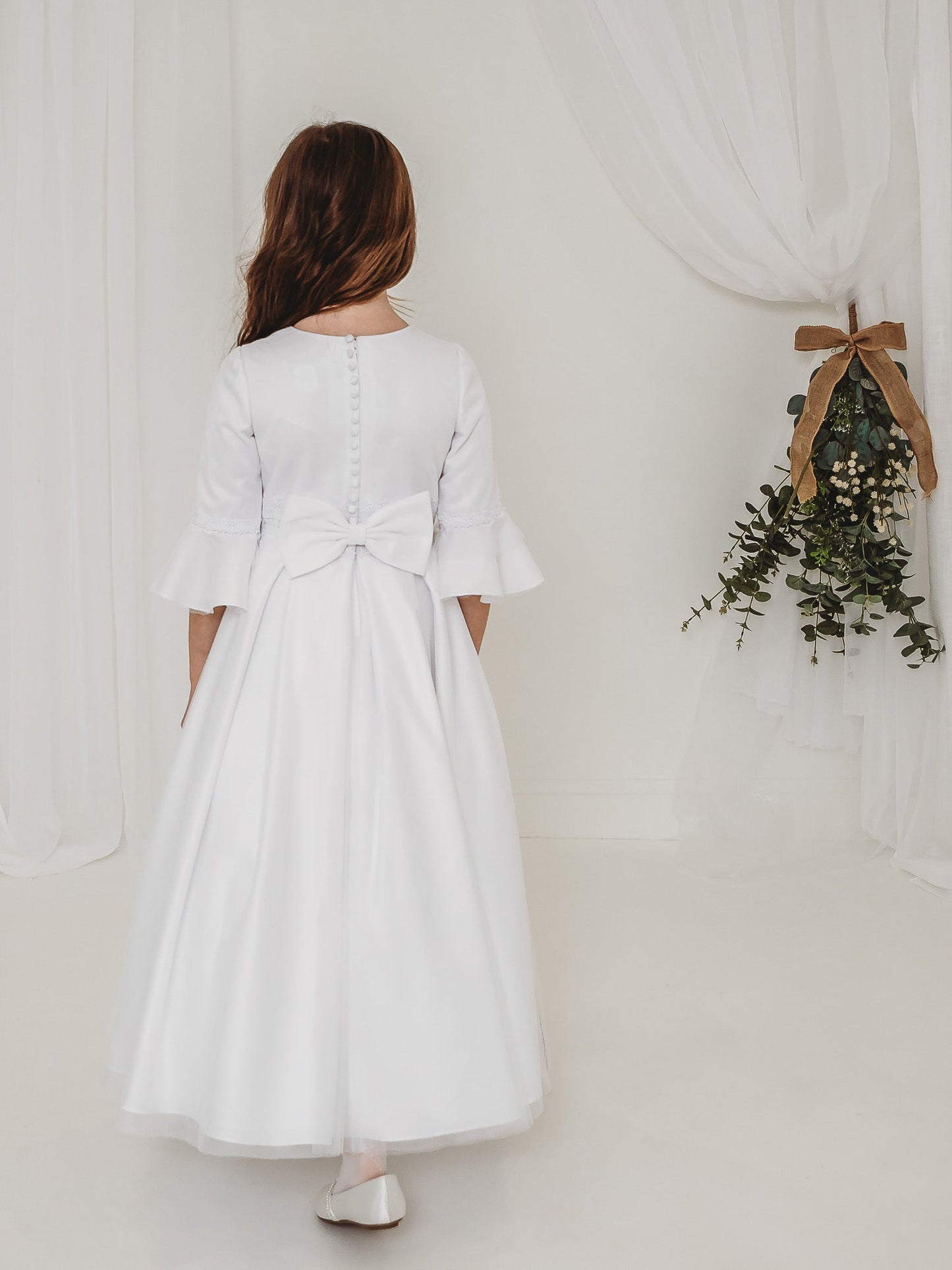 'Ines' White Lace Fluted Sleeve Communion Dress - Rose & Albert