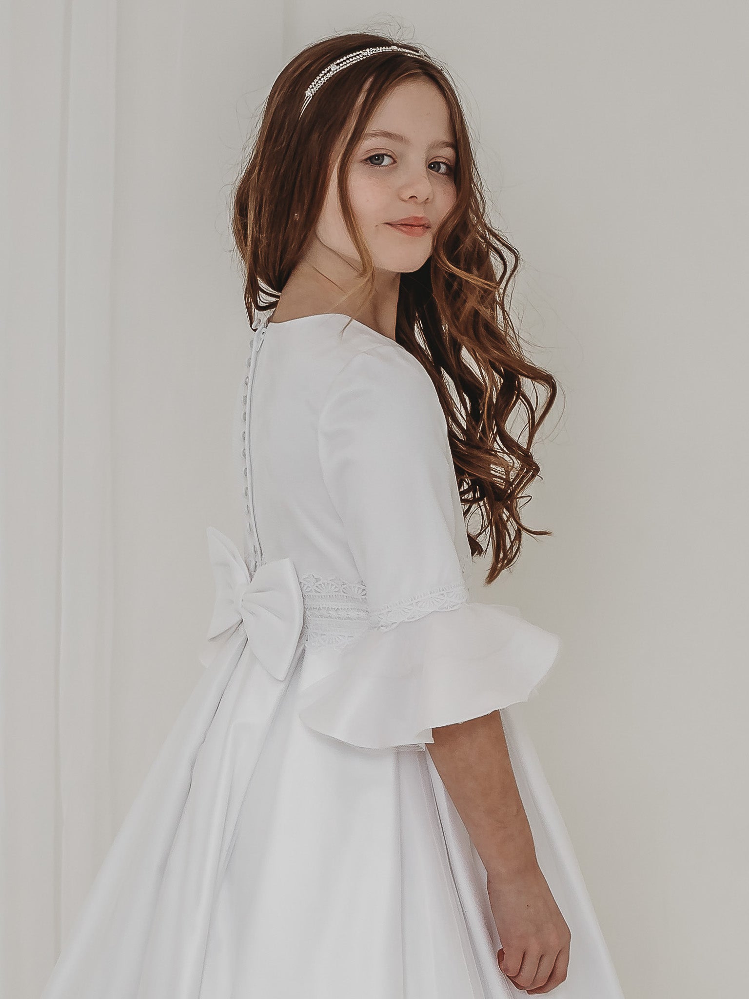 'Ines' White Lace Fluted Sleeve Communion Dress - Rose & Albert