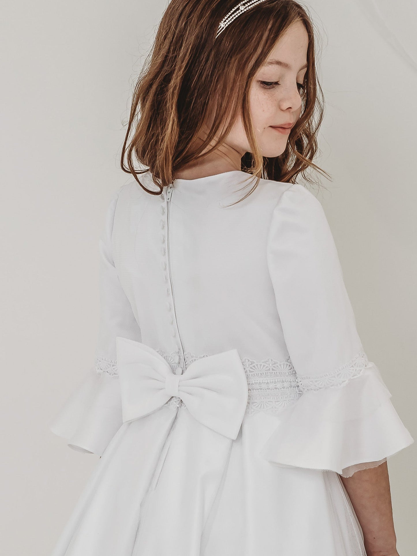 'Ines' White Lace Fluted Sleeve Communion Dress - Rose & Albert