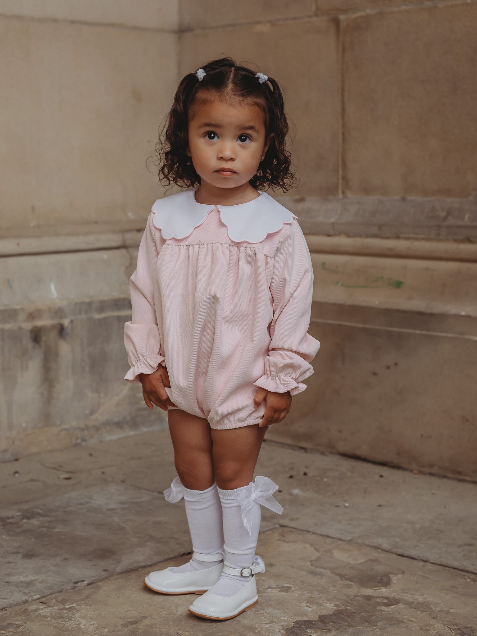 'Matilda' pink babycord scallop collar romper - Rose & Albert