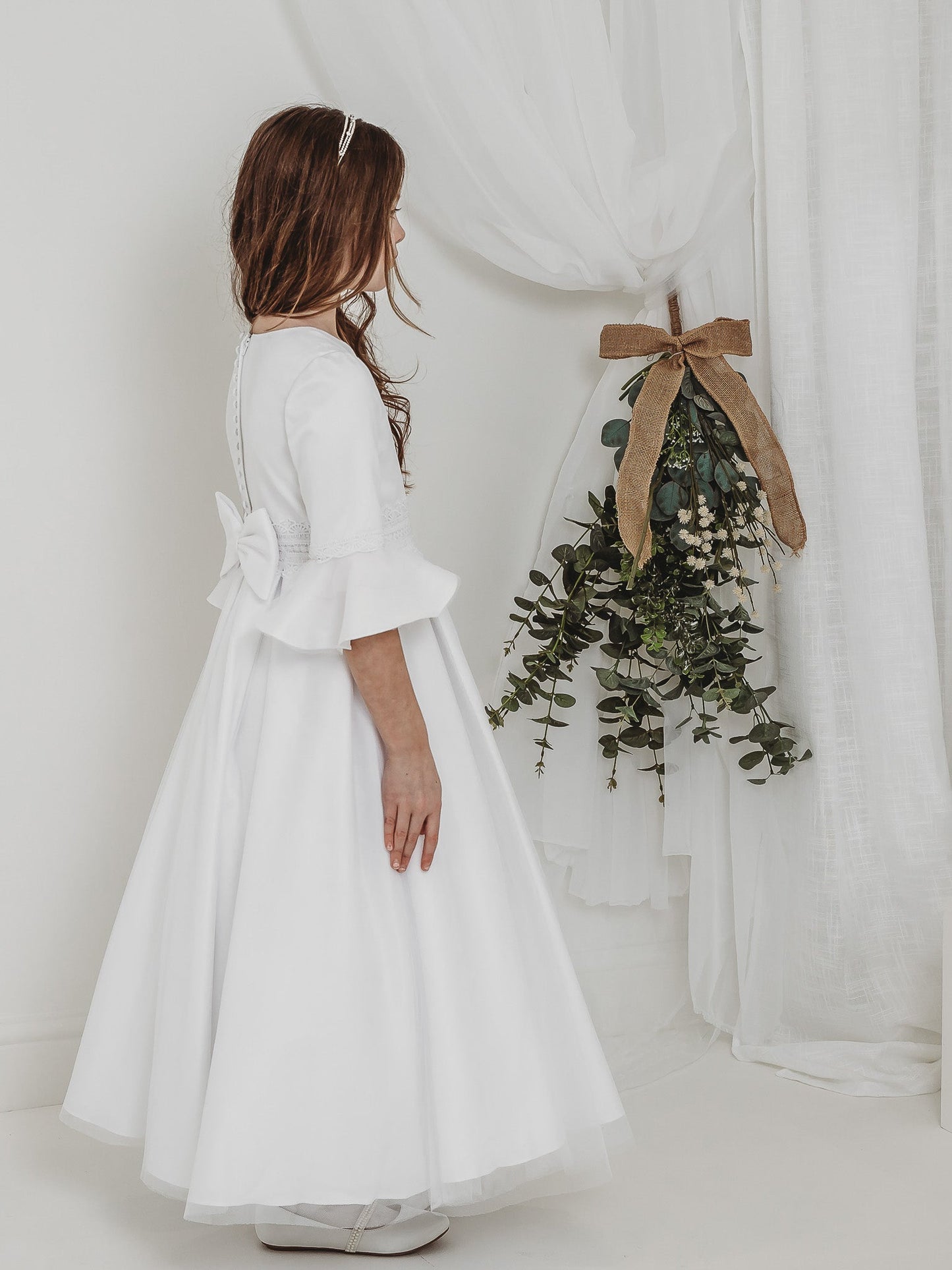 'Ines' White Lace Fluted Sleeve Communion Dress - Rose & Albert