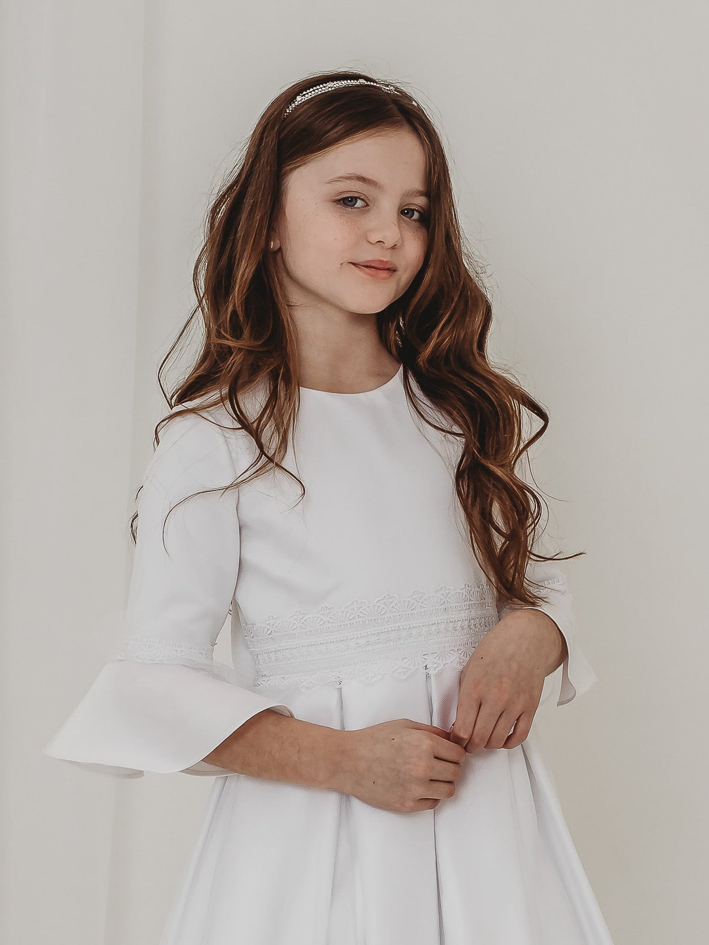'Ines' White Lace Fluted Sleeve Communion Dress - Rose & Albert