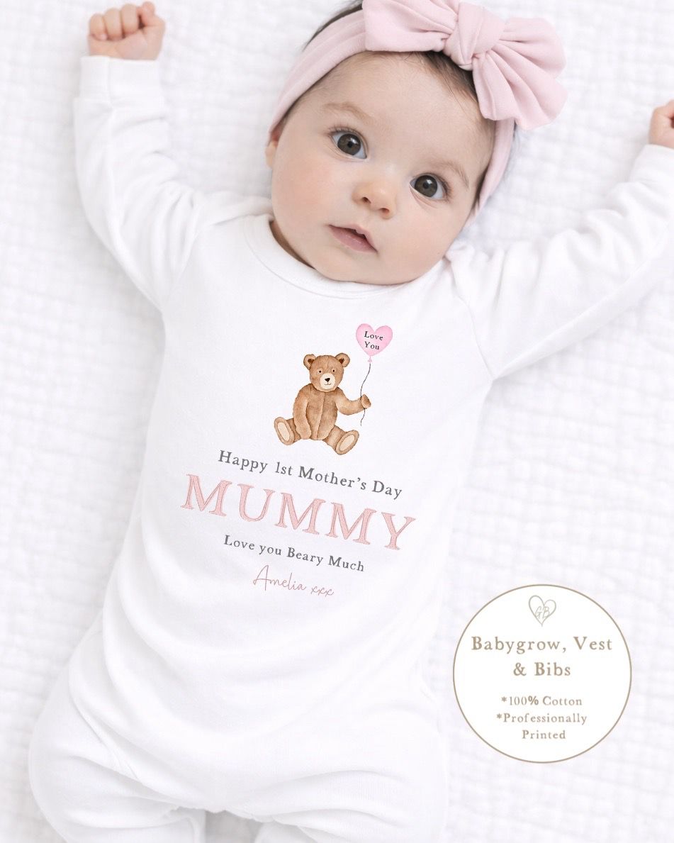 Personalised My First Mother's Day Babygrow / Short Sleeve Vest - Pink Bear Heart Design