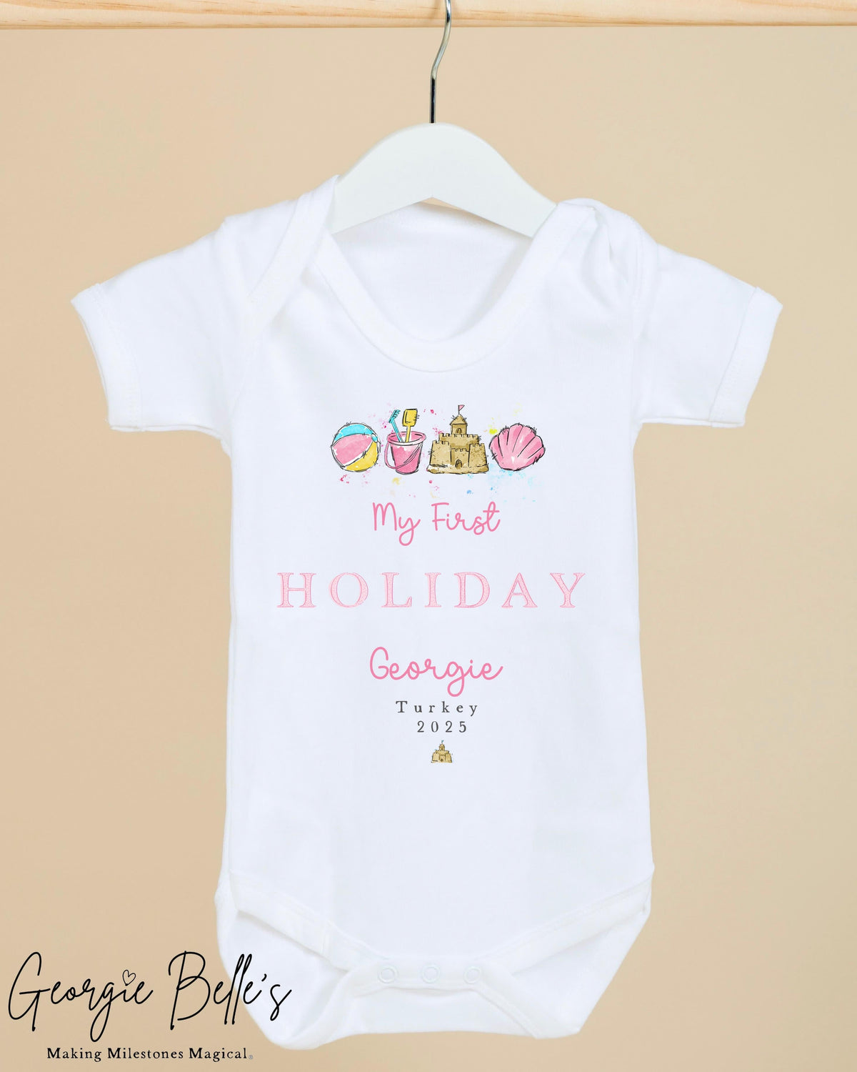 Personalised Baby Vest / Babygrow - My First Holiday Pink Beach Design