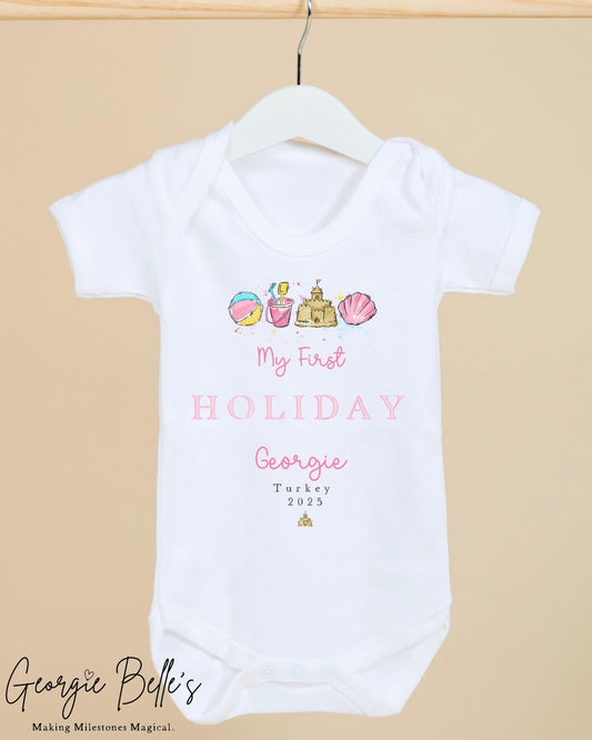 Personalised Baby Vest / Babygrow - My First Holiday Pink Beach Design