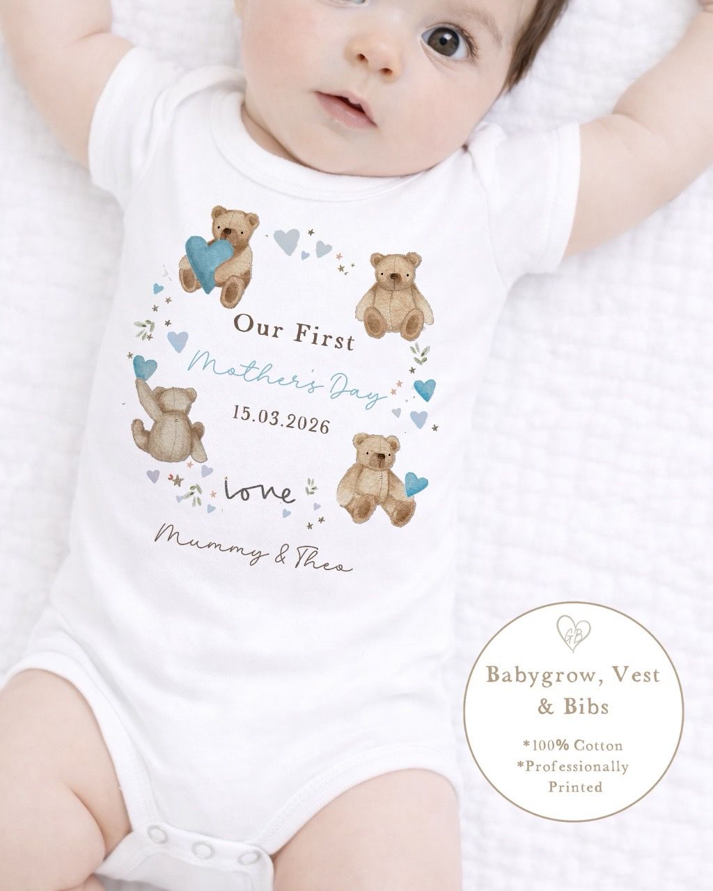 Personalised My First Mother's Day Babygrow / Short Sleeve Vest - Bear Wreath Design
