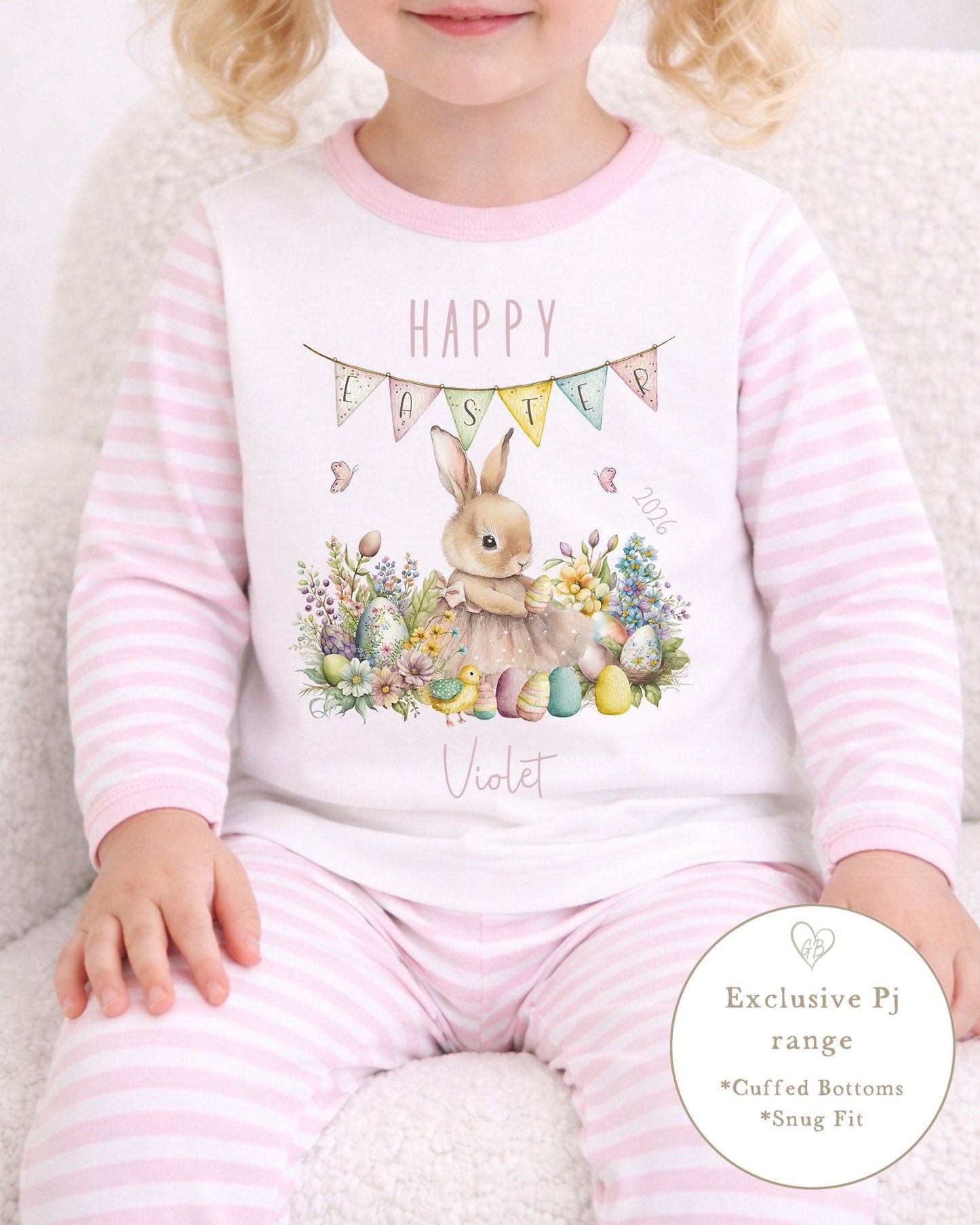 Personalised Pink Stripe Easter Pyjamas - Easter Scene Design