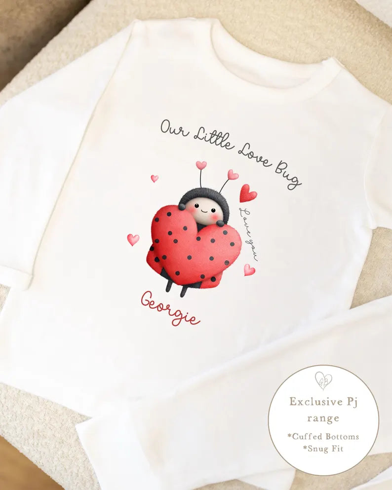 Personalised Plain White Valentines Pyjamas - Love Bug Design