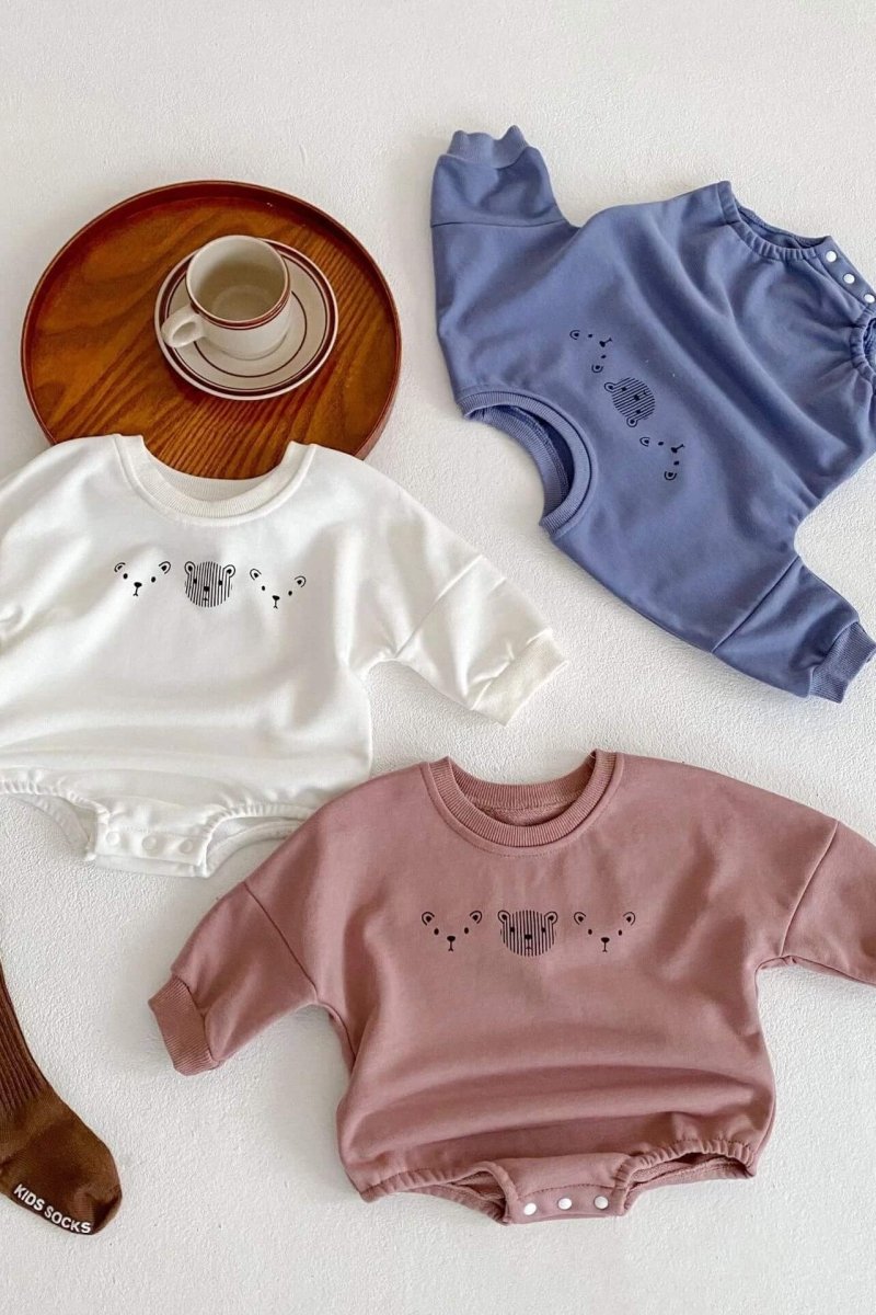 Joy Bear Bodysuit, White, Purple or Blue - Cozy Crew Club