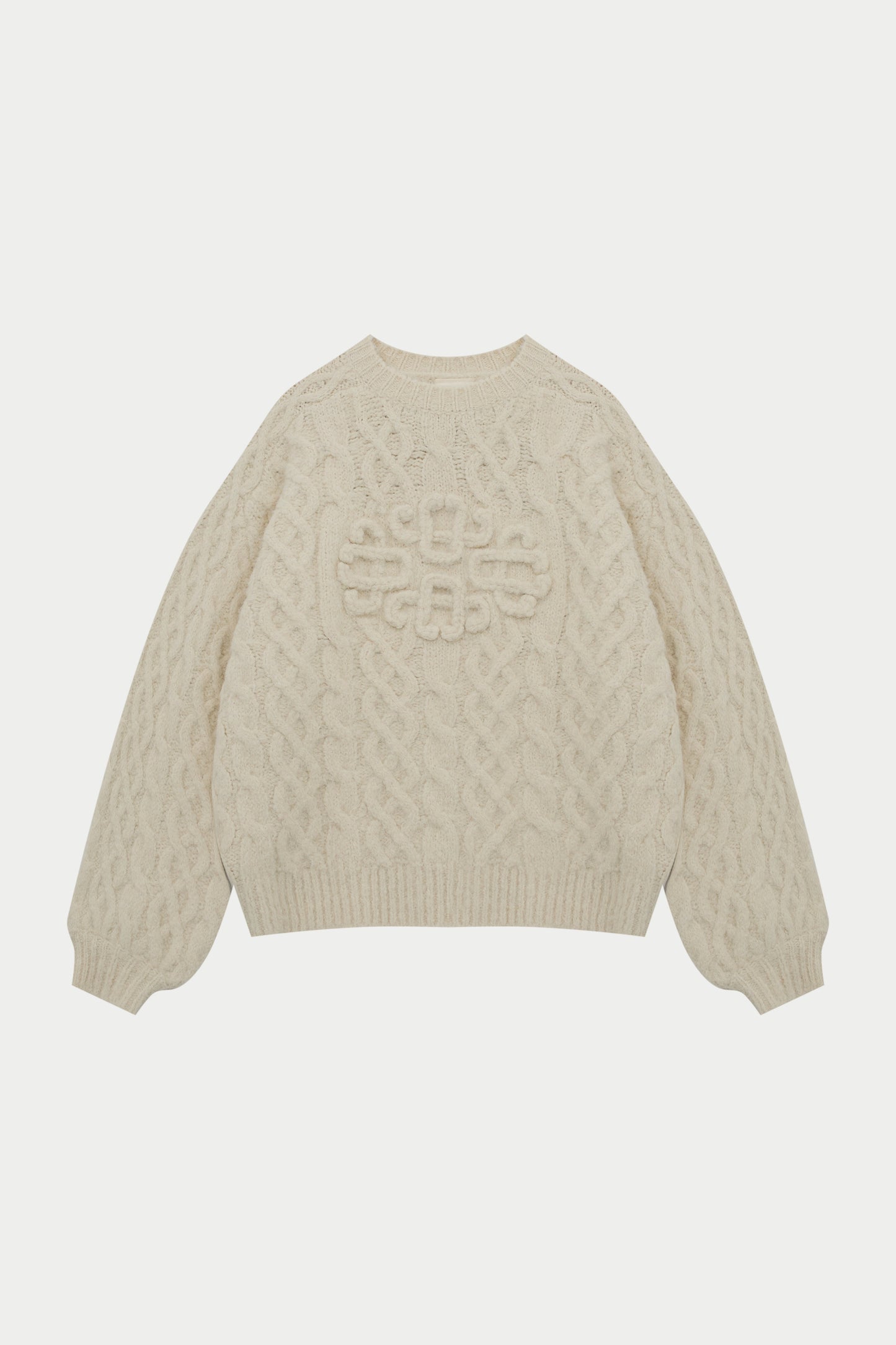 FLUFFY CABLE KNIT EMBLEM JUMPER - BEIGE