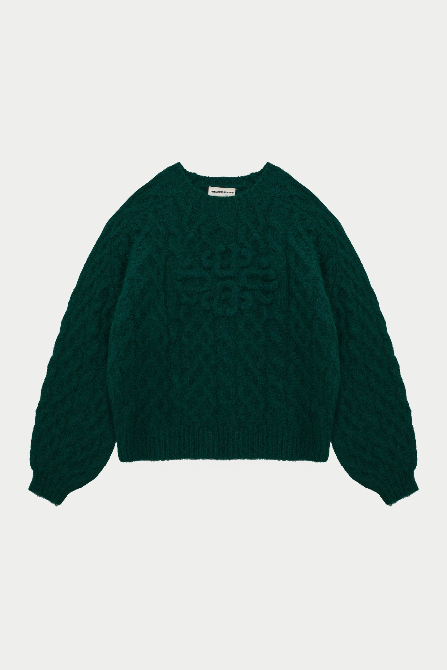 FLUFFY CABLE KNIT EMBLEM JUMPER - FOREST GREEN