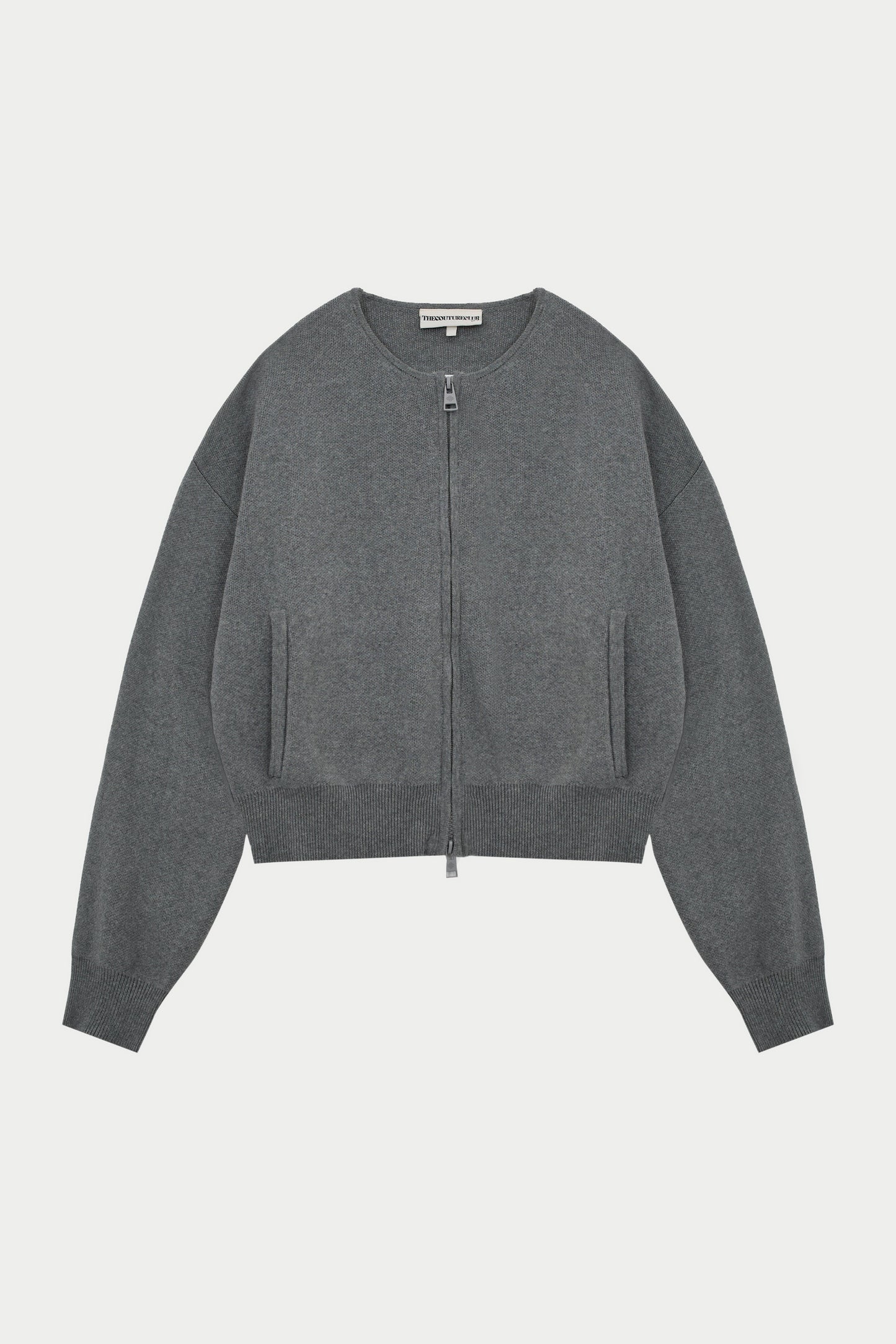 COLLARLESS KNITTED ZIP THROUGH BOMBER - GREY MARL