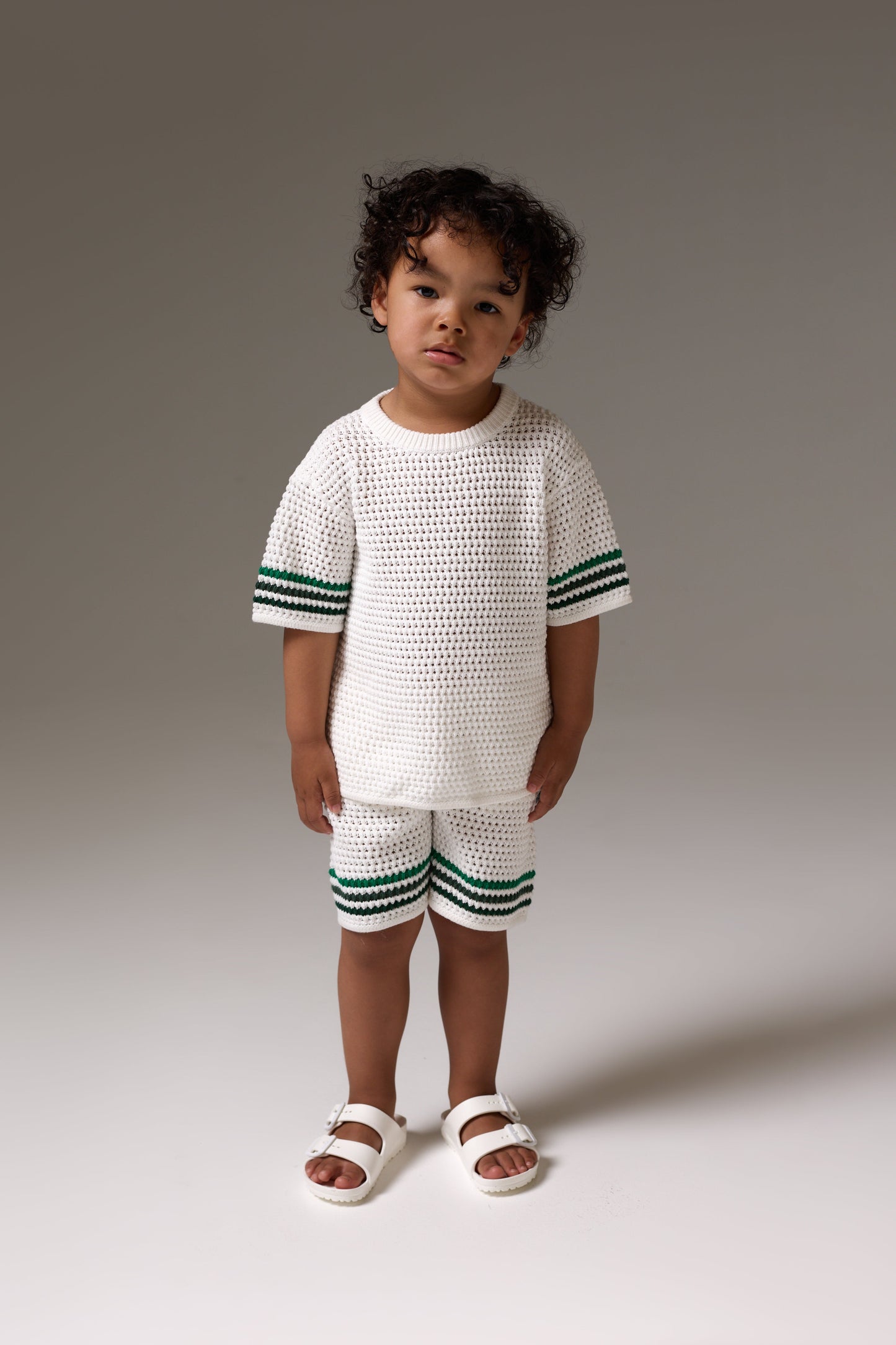 KIDS STRIPE CROCHET KNIT SHORTS - WHITE