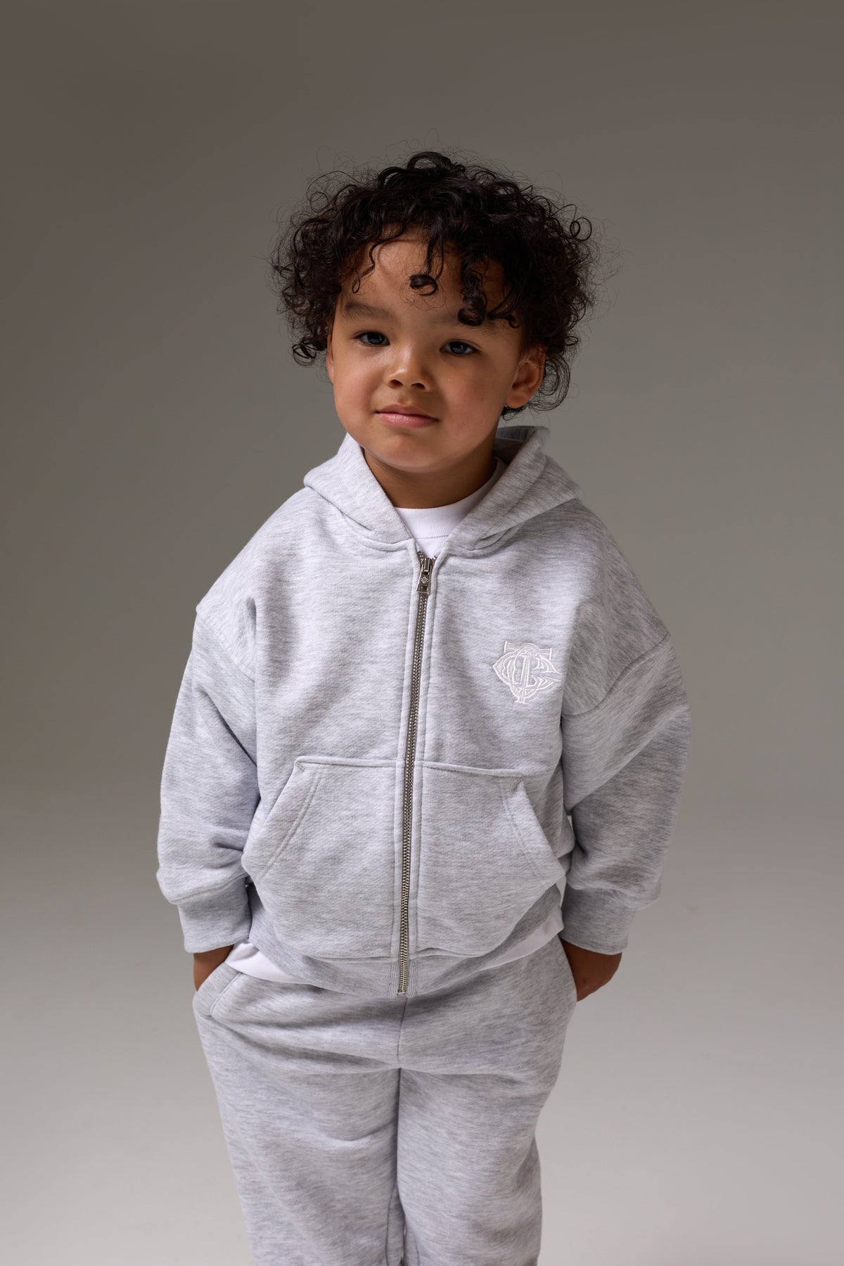 KIDS ZIP THROUGH MONOGRAM EMBLEM APPLIQUE HOODIE - GREY MARL