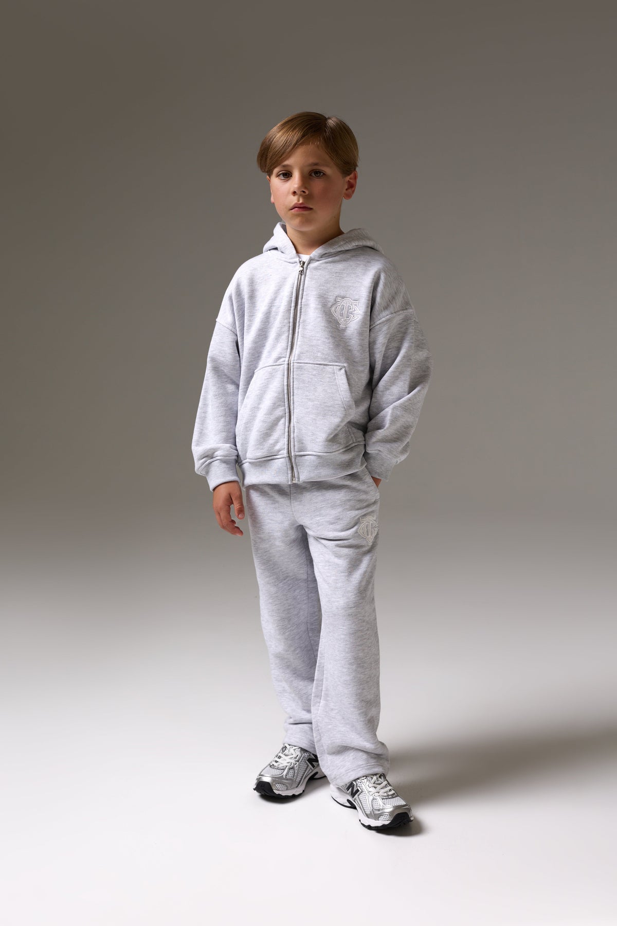 JUNIOR ZIP THROUGH EMBLEM APPLIQUE HOODIE - GREY MARL